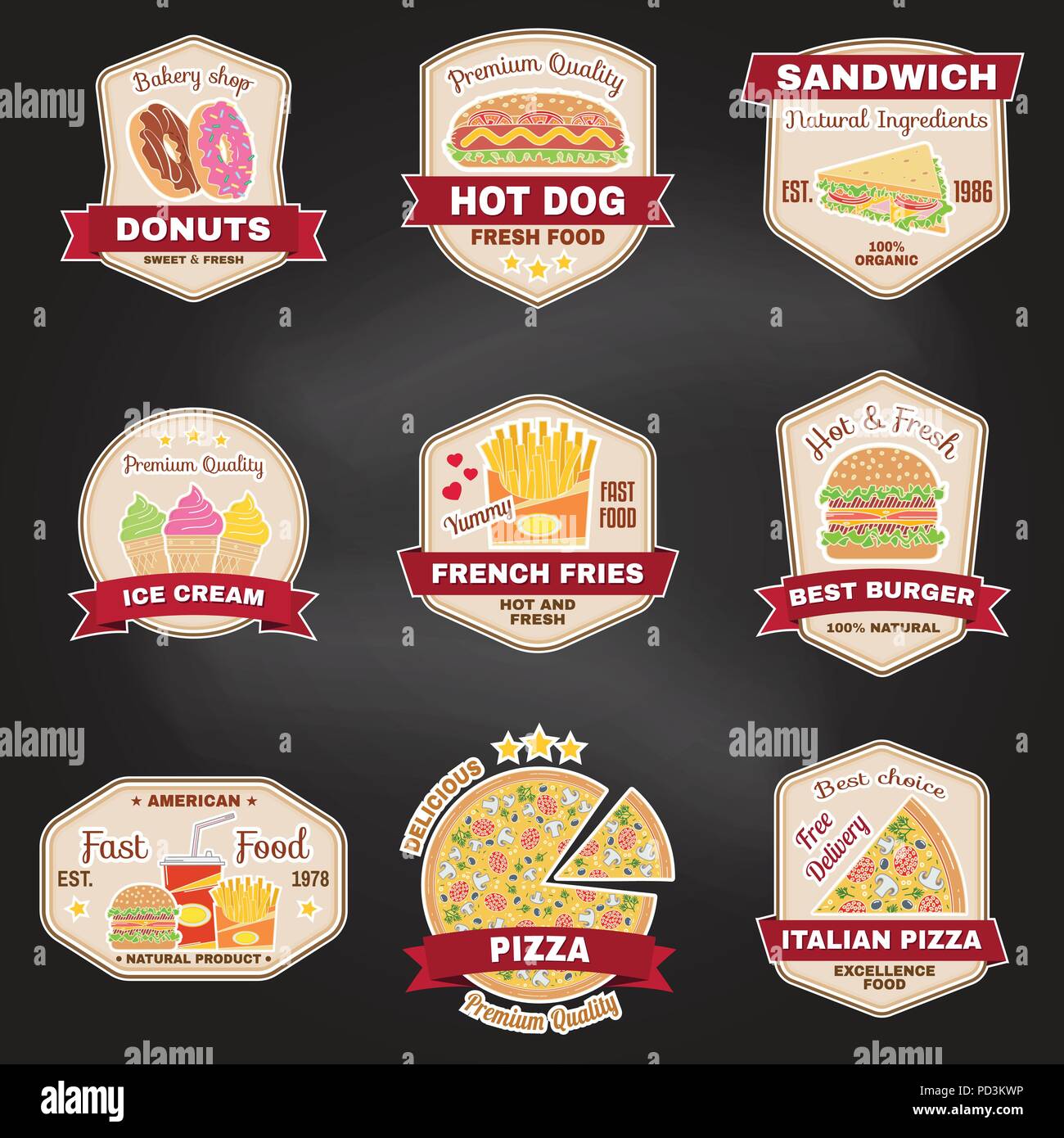 Satz von Fast food Logos, Banner oder Logos, Embleme. Elemente auf das Thema der Restaurant Business. Vector Illustration. Stock Vektor