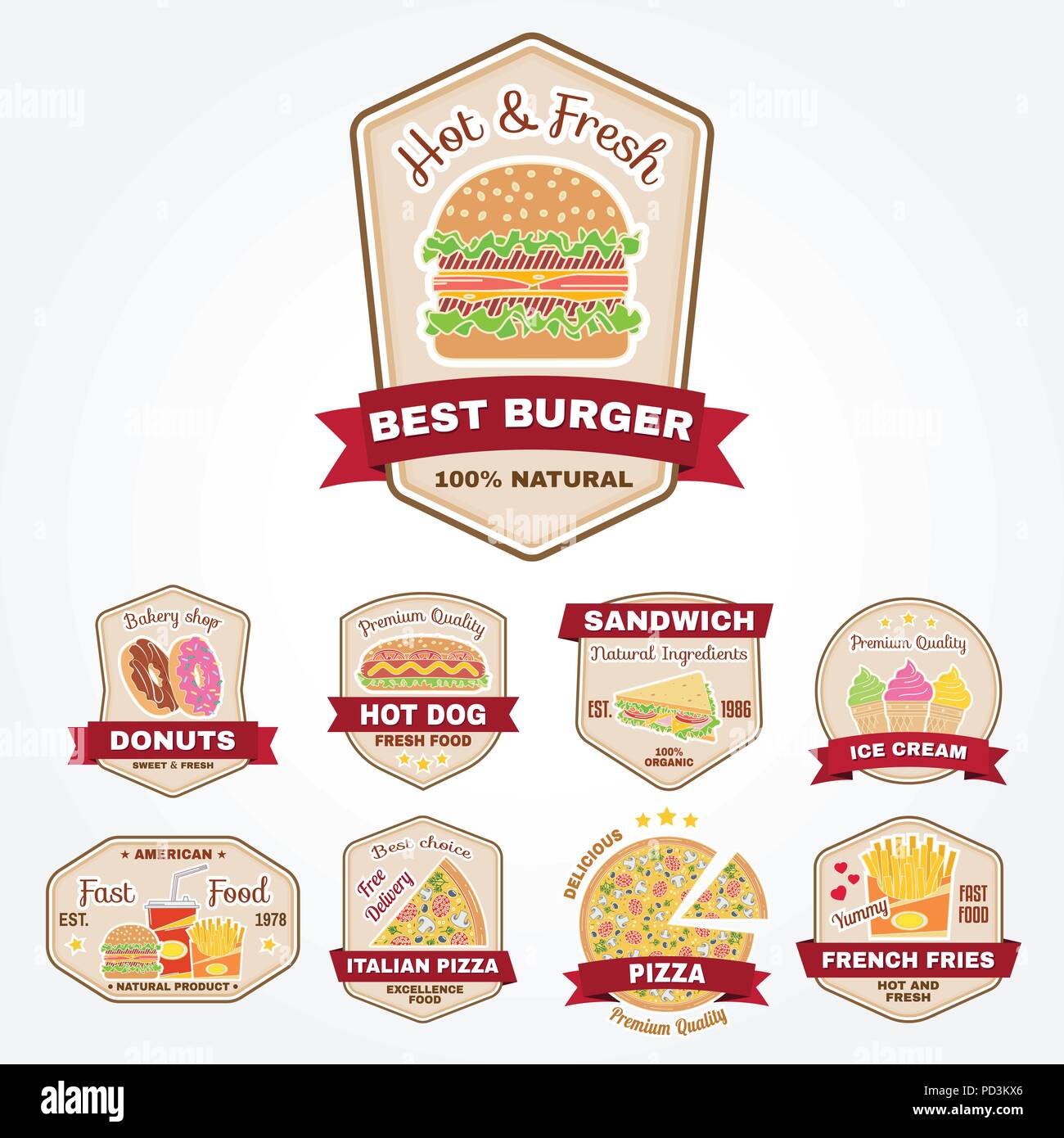 Satz von Fast food Logos, Banner oder Logos, Embleme. Elemente auf das Thema der Restaurant Business. Vector Illustration. Stock Vektor