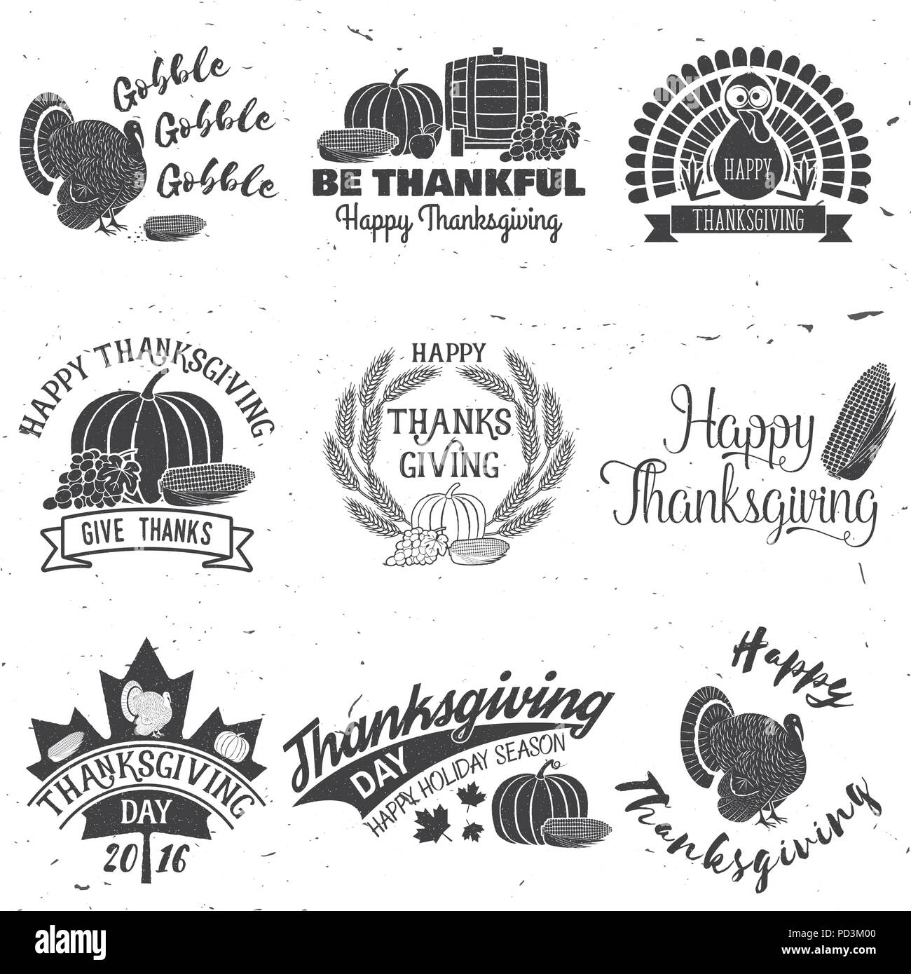Happy Thanksgiving. Dankbar sein. Vektor Thanksgiving retro Abzeichen. Konzept für Hemd oder Logo, Print, Stempel, Patch. Kürbis, Mais apple Barrel und Traubenmost Stock Vektor