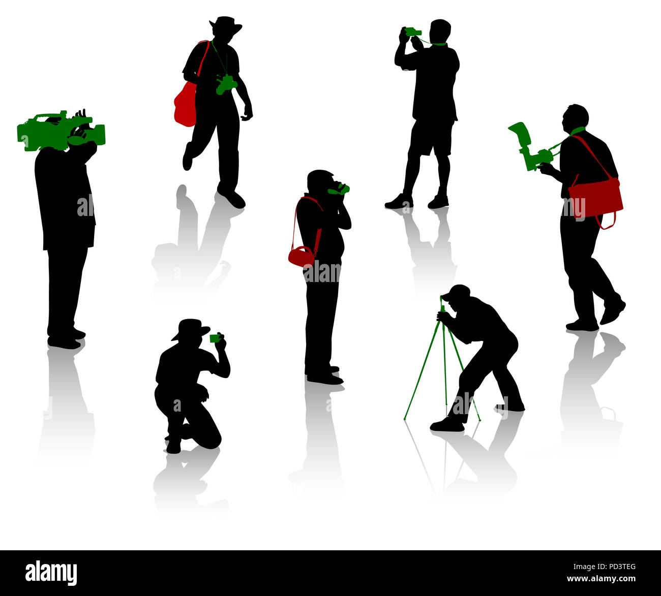 Silhouetten der Fotograf und Kameramann während der verschiedenen Momente des Schießens Stockfoto