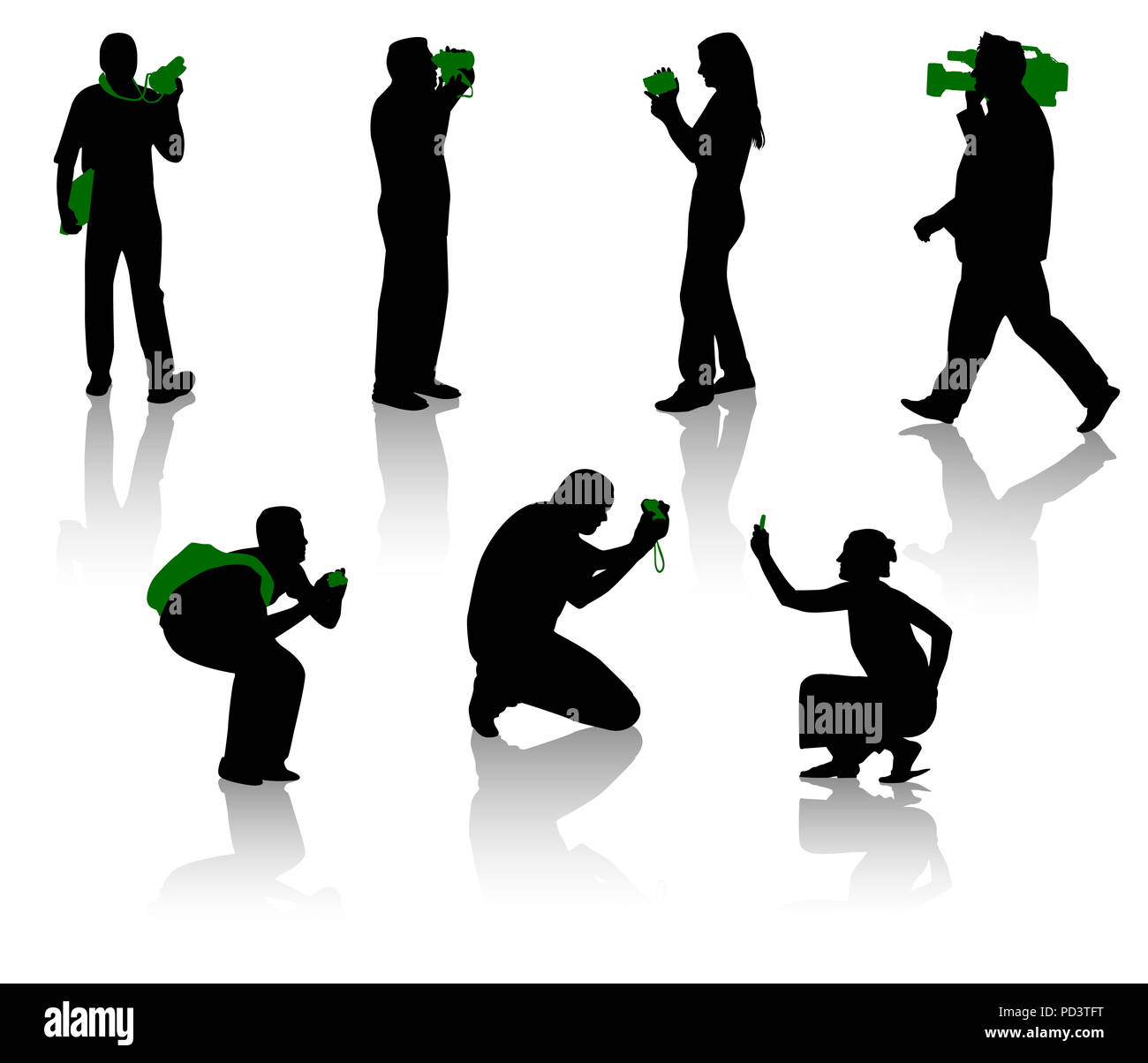 Silhouetten der Fotograf und Kameramann während der verschiedenen Momente des Schießens Stockfoto