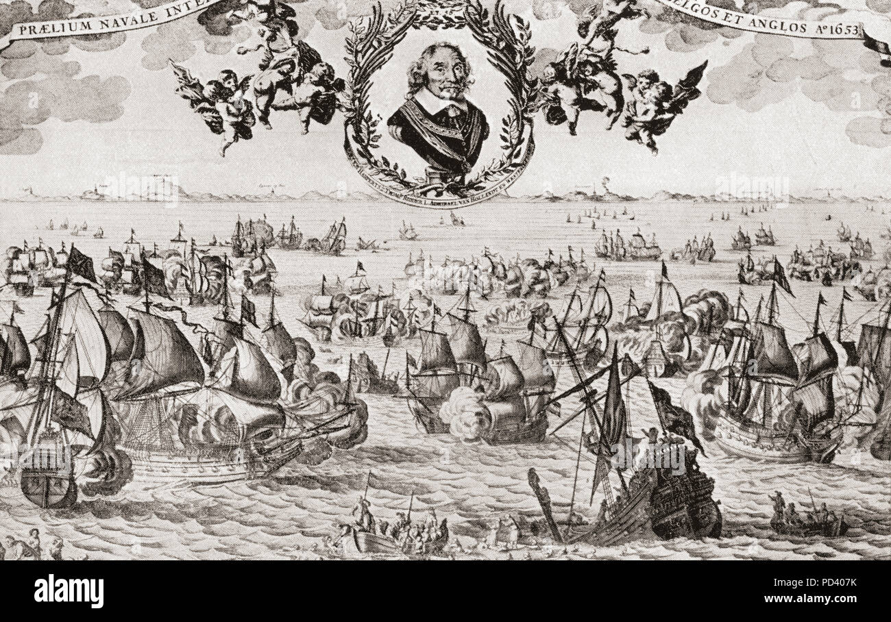 Die Schlacht von Scheveningen, aka der Schlacht von Texel oder die Schlacht von Ter Heijde, 1653. Letzte Seeschlacht des Ersten Englisch-Niederländischen Krieg. Der Tod von Maarten Harpertszoon Tromp, der Niederländische Admiral, trat während dieser Schlacht. Aus dem Buch von Schiffen, veröffentlicht C 1920. Stockfoto