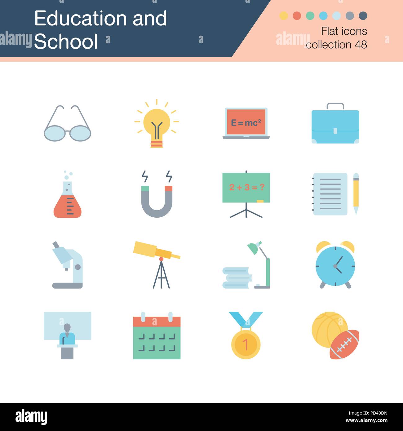 Bildung und Schule Symbole. Flaches Design Collection 48. Für die Präsentation, Grafik Design, Mobile, Web Design, Infografiken. Vektor illustra Stock Vektor