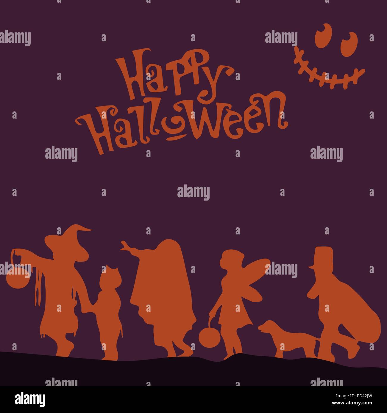 Menge Leute Happy Halloween. Vector Illustration mit Text. Purple Background und orange Menge. Stock Vektor