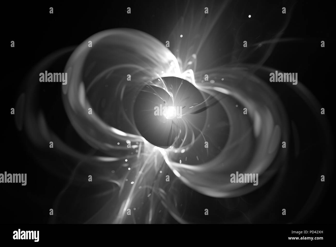 Glühende rotierenden Neutronenstern Schwarzweiß-Effekt, Computer abstrakten Hintergrund erzeugt, 3D-Rendering Stockfoto