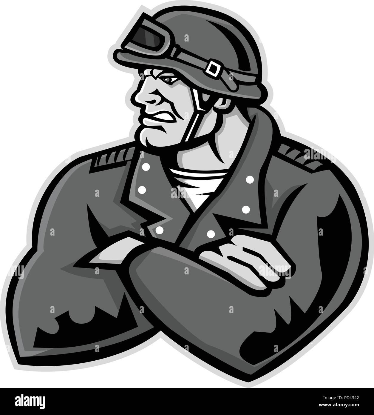 Maskottchen Symbol Abbildung: Büste eines männlichen Biker oder Motorrad Club Reiter tragen eines Vintage Helm mit verschränkten Armen auf isoliert zu Seite. Stock Vektor