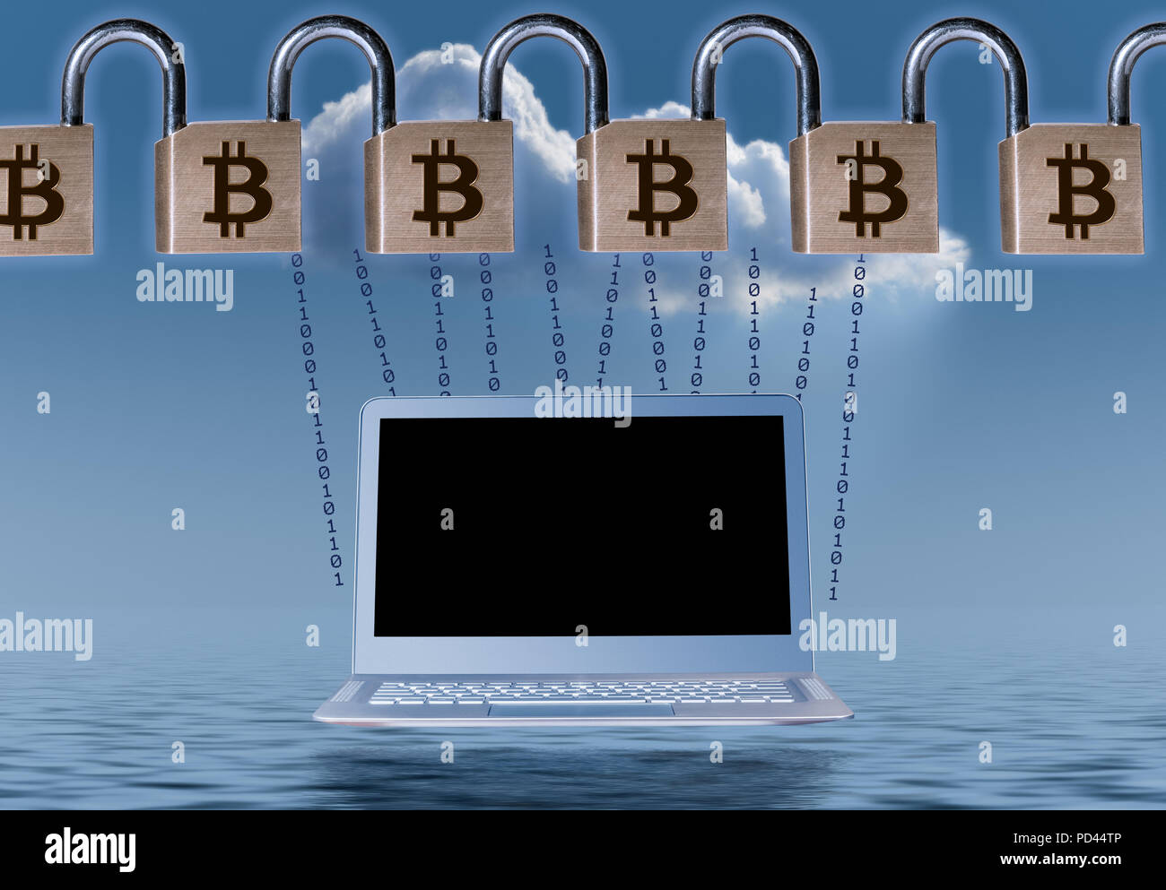 Kette der Messing-vorhängeschlösser blockchain über Laptop zu veranschaulichen Stockfoto