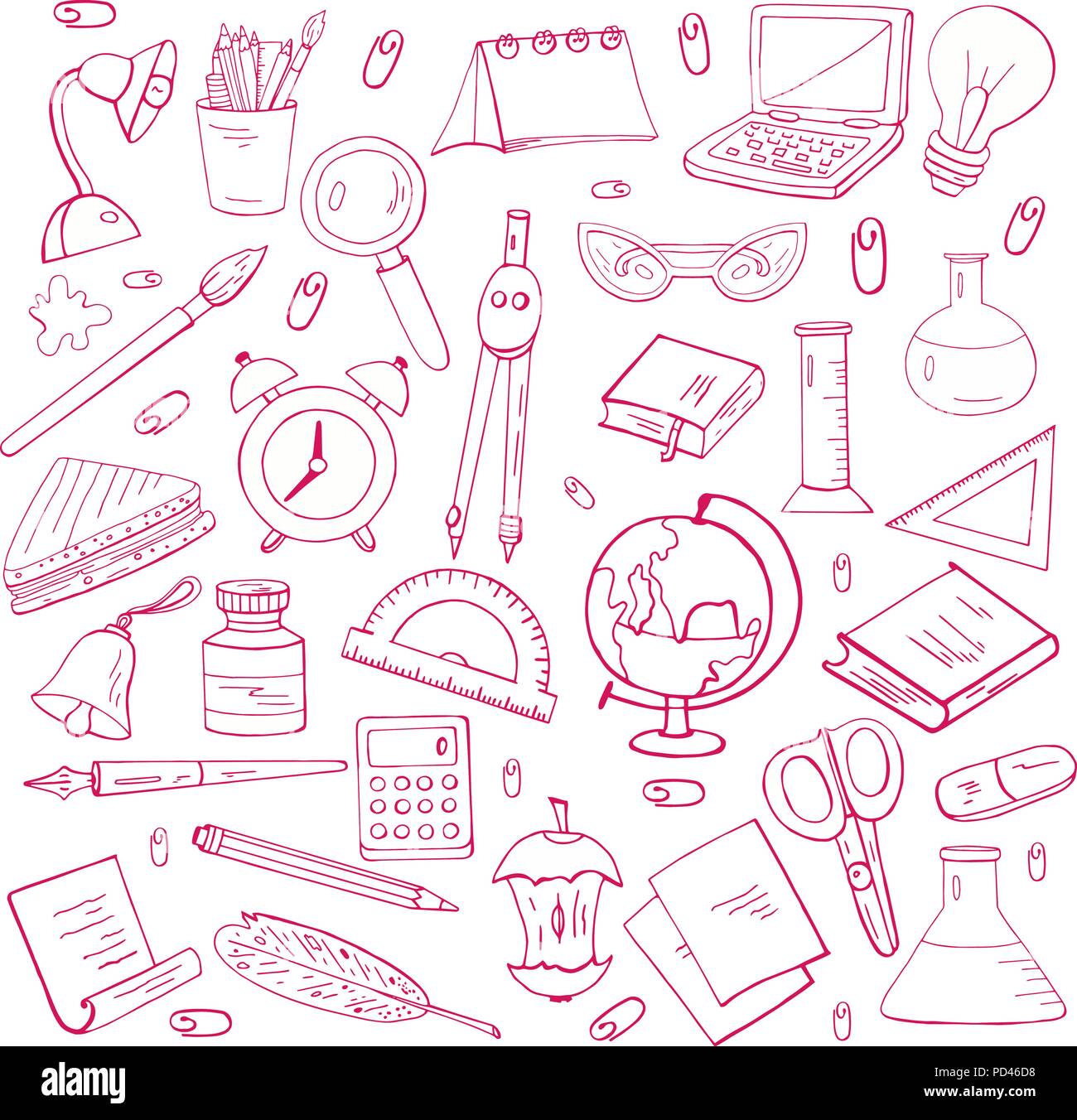 Ein Satz von Hand gezeichnet Briefpapier mit einem roten Strich auf weißem Hintergrund Stock Vektor