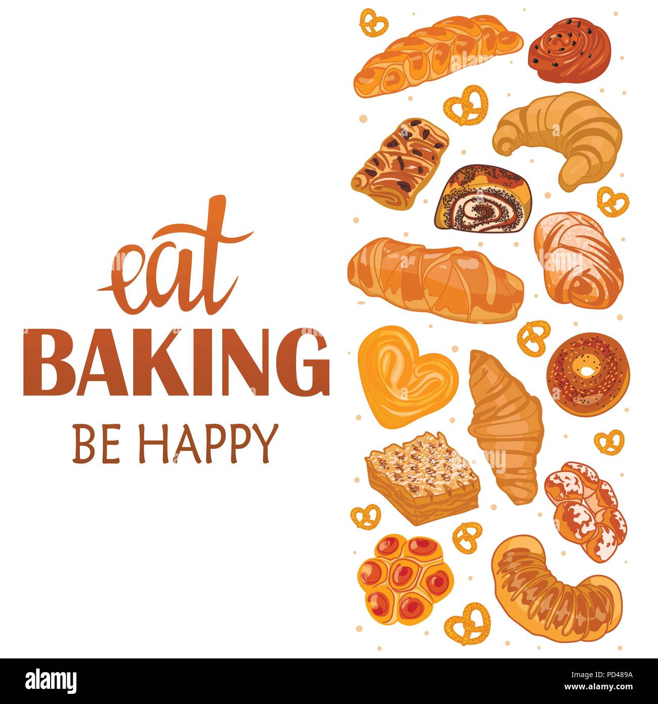 Dekor für einen Shop oder Café mit Gebäck, Brot, backen. Bäckerei, Brot, Haus, handschriftliche Illustration mit Schriftzug. Schild, Vektor Stock Vektor