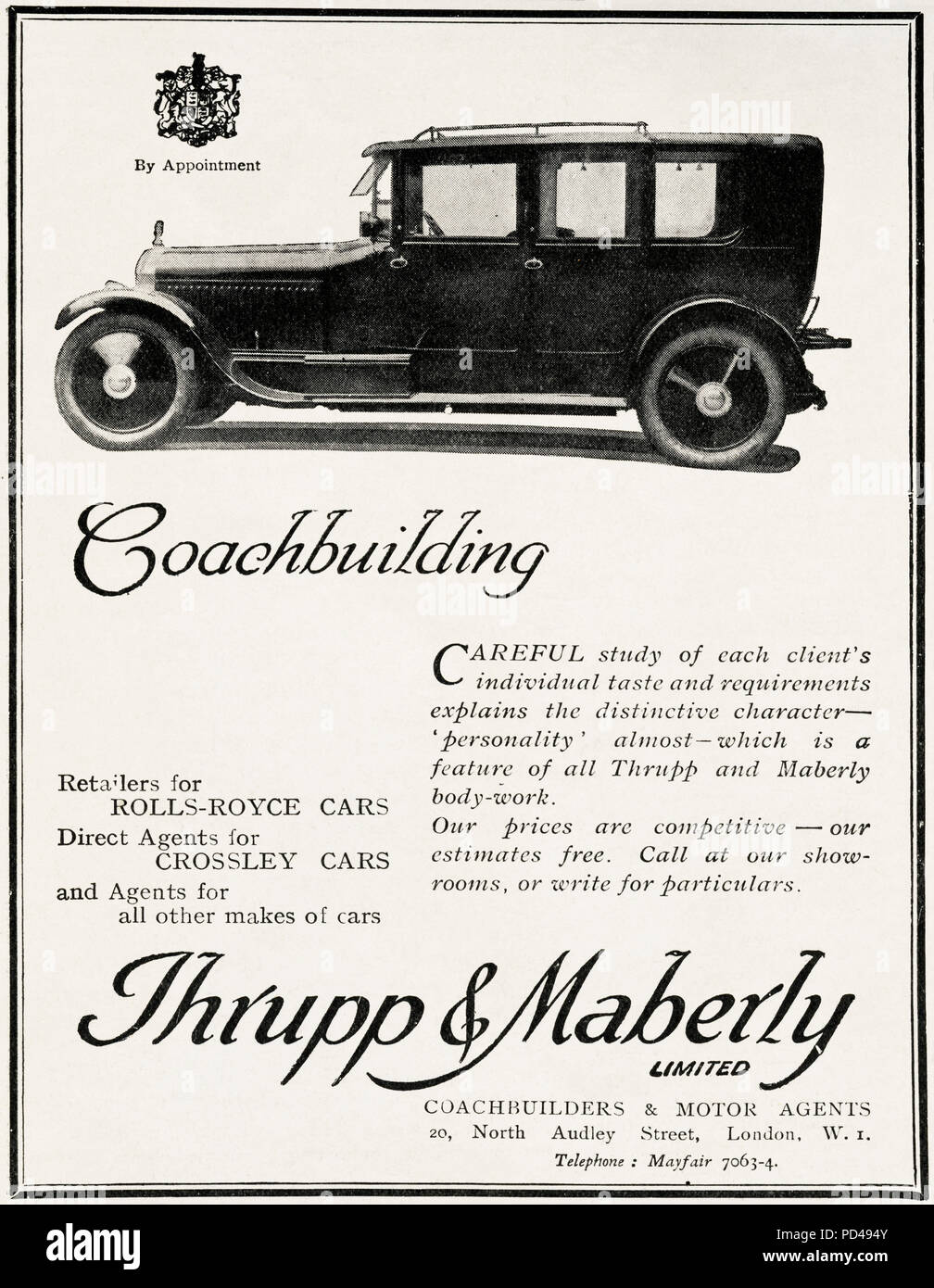 1920er Jahre alten Vintage original advert Werbung & Thrupp Maberly Coachbuilder für Luxus autos durch königliche Ernennung im englischen Magazin ca. 1924 Stockfoto