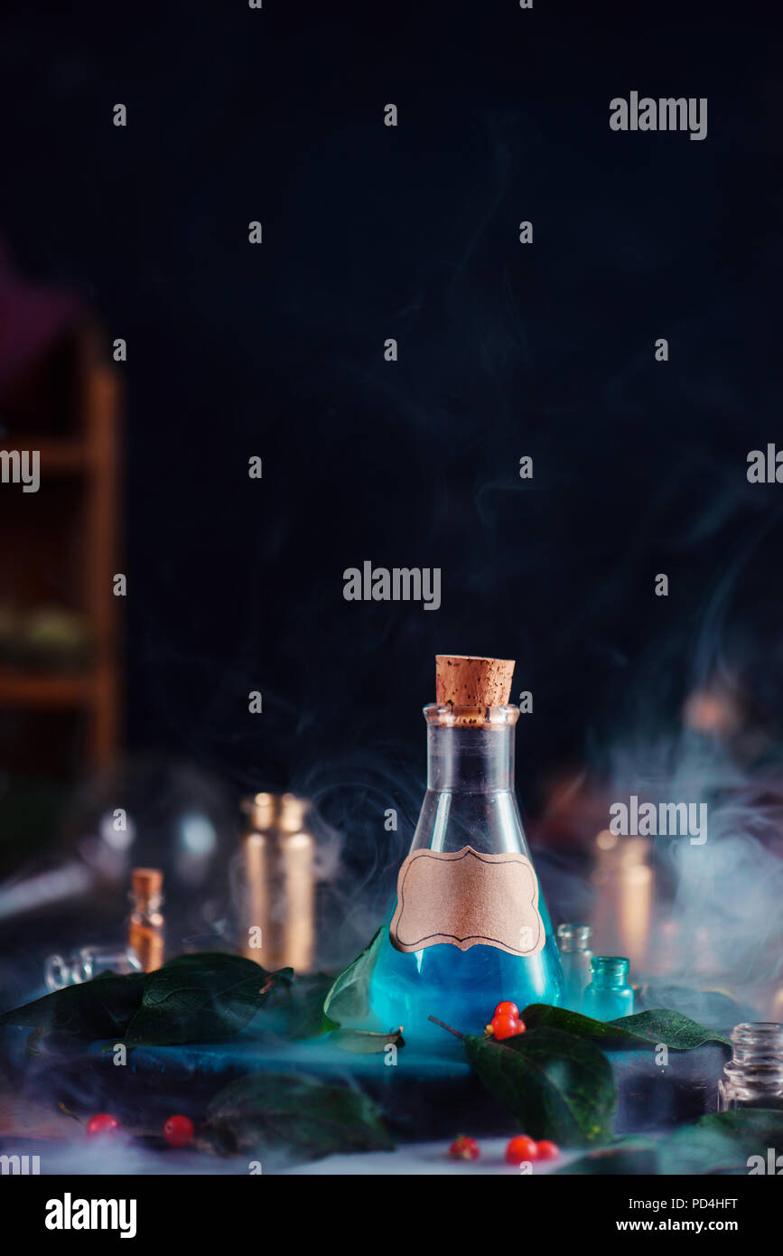 Moderne Hexerei Konzept mit einem Trank Flasche, Beeren, Kräutern und okkulten Ausrüstung. Magische Stillleben mit Kopie Speicherplatz auf einem dunklen Hintergrund. Leer trank. Stockfoto