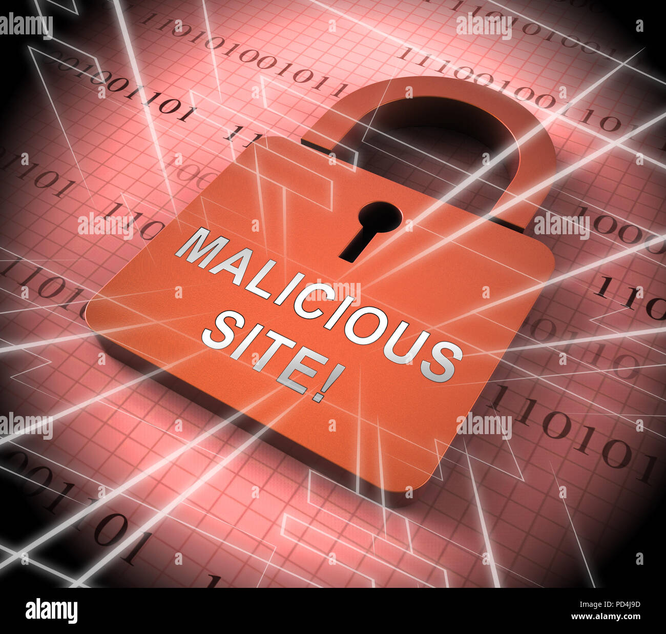 Bösartige Site Website Infektion Warnung 3D Rendering zeigt Warnung gegen Ransomware Trojaner und unsichere Viren Stockfoto