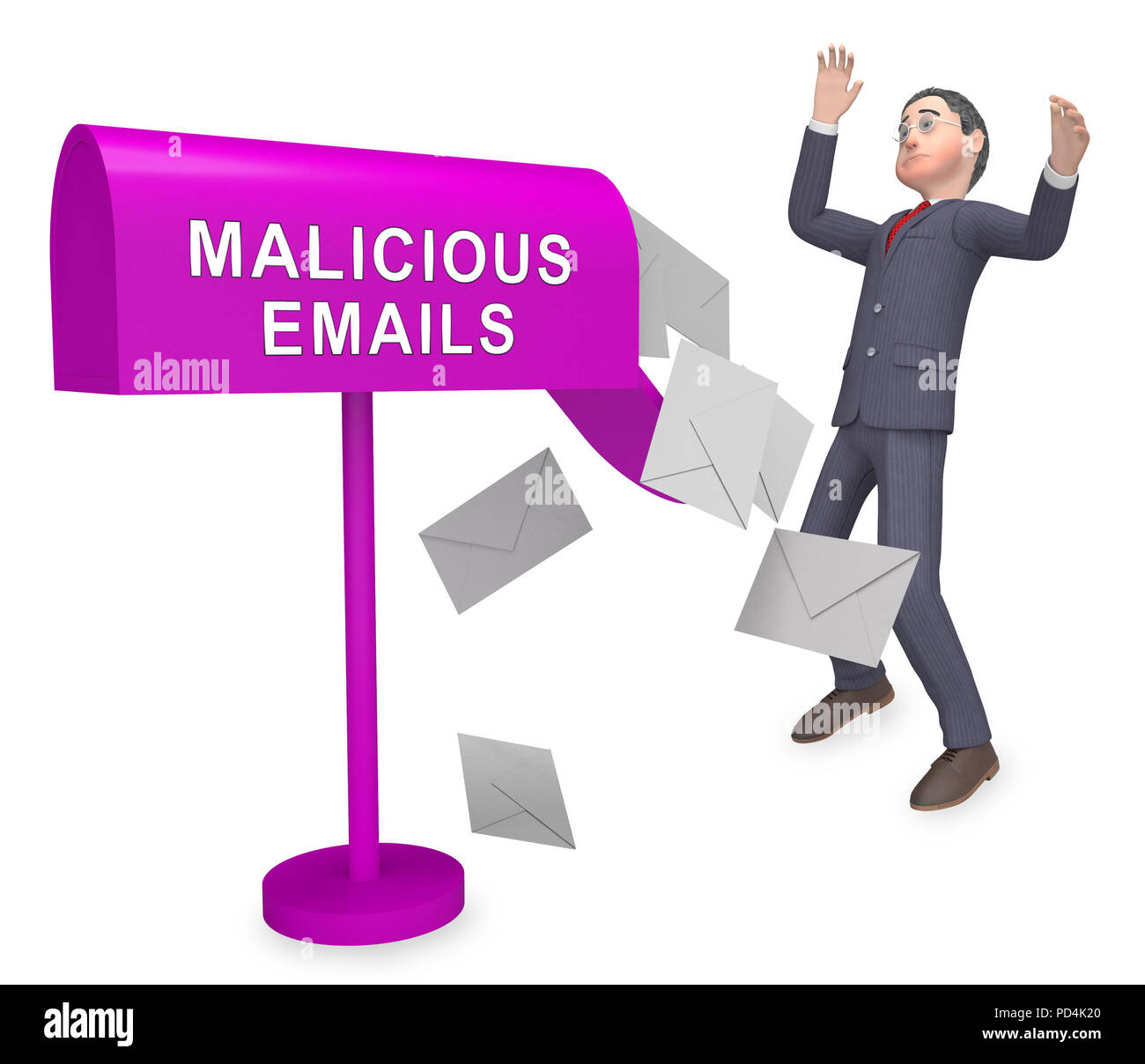 Bösartiger E-Mails Spam Malware Alarm 3D Rendering zeigt verdächtige E-Mail Virus Warnung und Verwundbarkeit Stockfoto