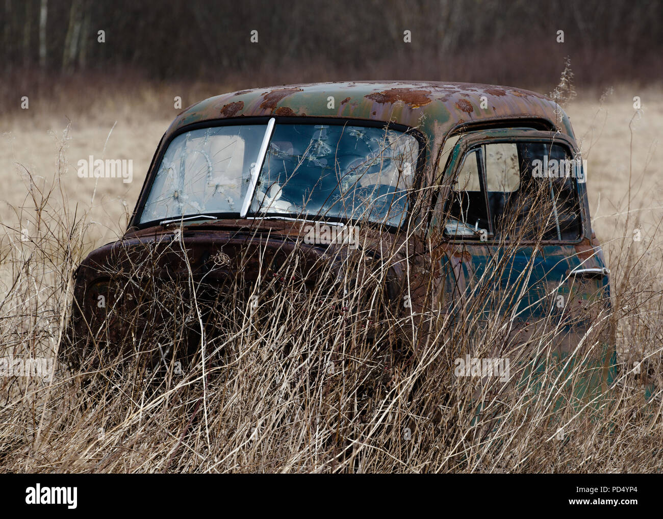 Alte LKW-Kabine in das Feld verlassen. Stockfoto