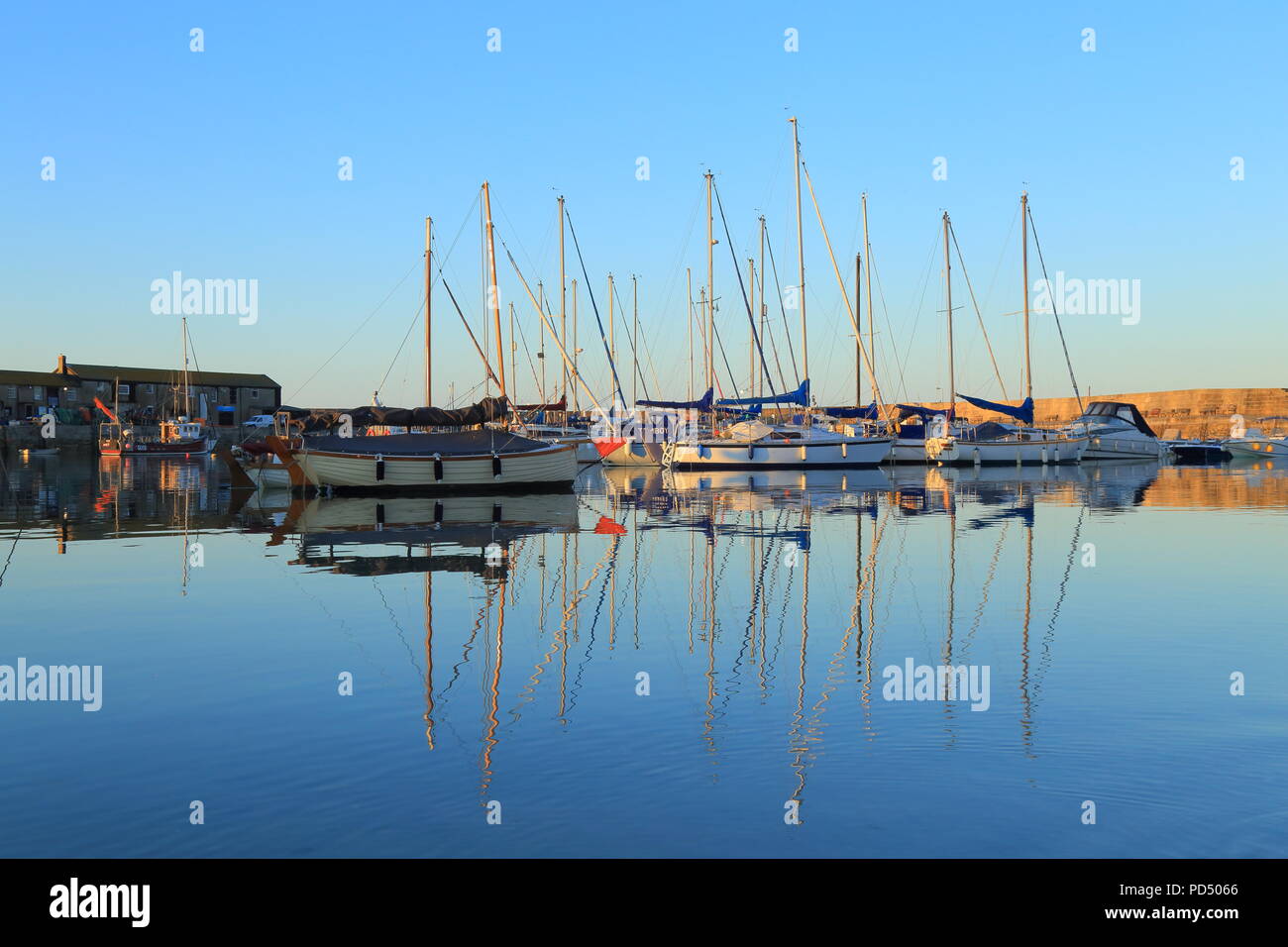 Segelboote spiegelt sich auf dem Wasser in Lyme Regis Hafen bekannt als der Cobb Stockfoto