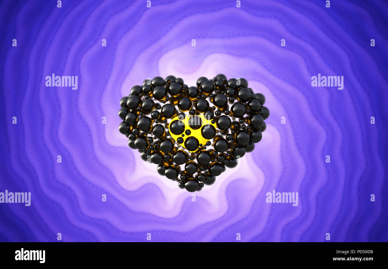 Schwarze Herz aus Kugeln mit Reflexionen über evolvente hell violett unterlegt. Happy Valentines Day 3D-Darstellung Stockfoto