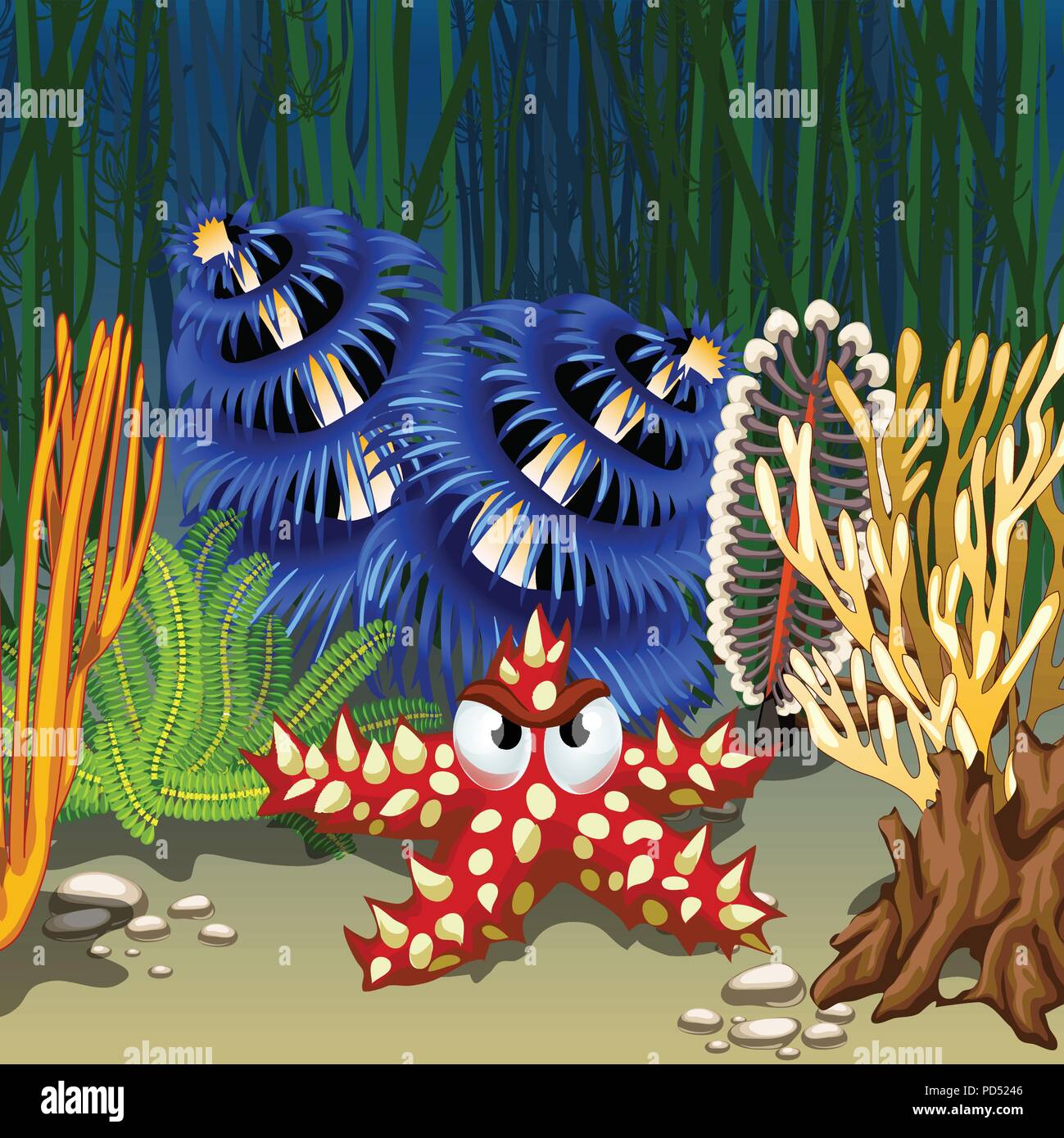 Cartoon Seesterne rot mit stacheligen Dornen auf dem Meeresboden unter Korallen und Algen. Vektor cartoon Close-up Abbildung. Stock Vektor