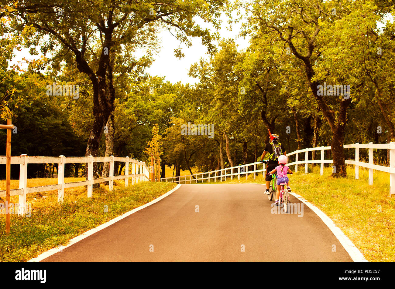 Vater und Tochter mit dem Fahrrad gehen Stockfoto