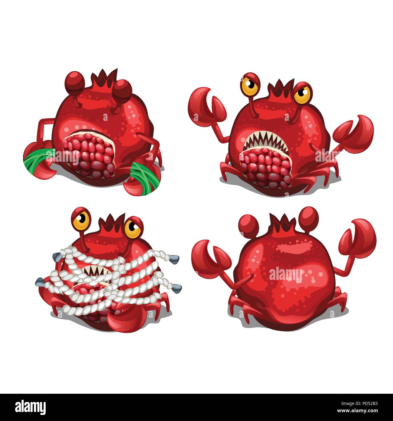 Eingeschlossene fancy Monster in Form einer Krabbe in einem Granatapfel auf weißem Hintergrund isoliert getarnt. Vector Illustration. Stock Vektor