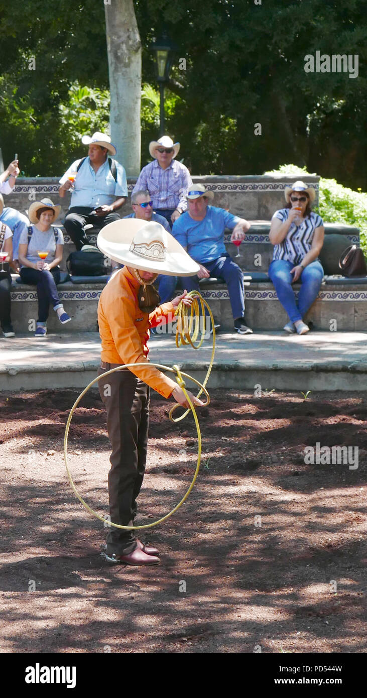 TEQUILA - Mexiko - 26.September 2017: Trick roping ist eine Unterhaltung oder Wettbewerb Kunst im Zusammenhang mit der Spinnerei auch ein Lasso als Lariat oder einem Seil bekannt Stockfoto