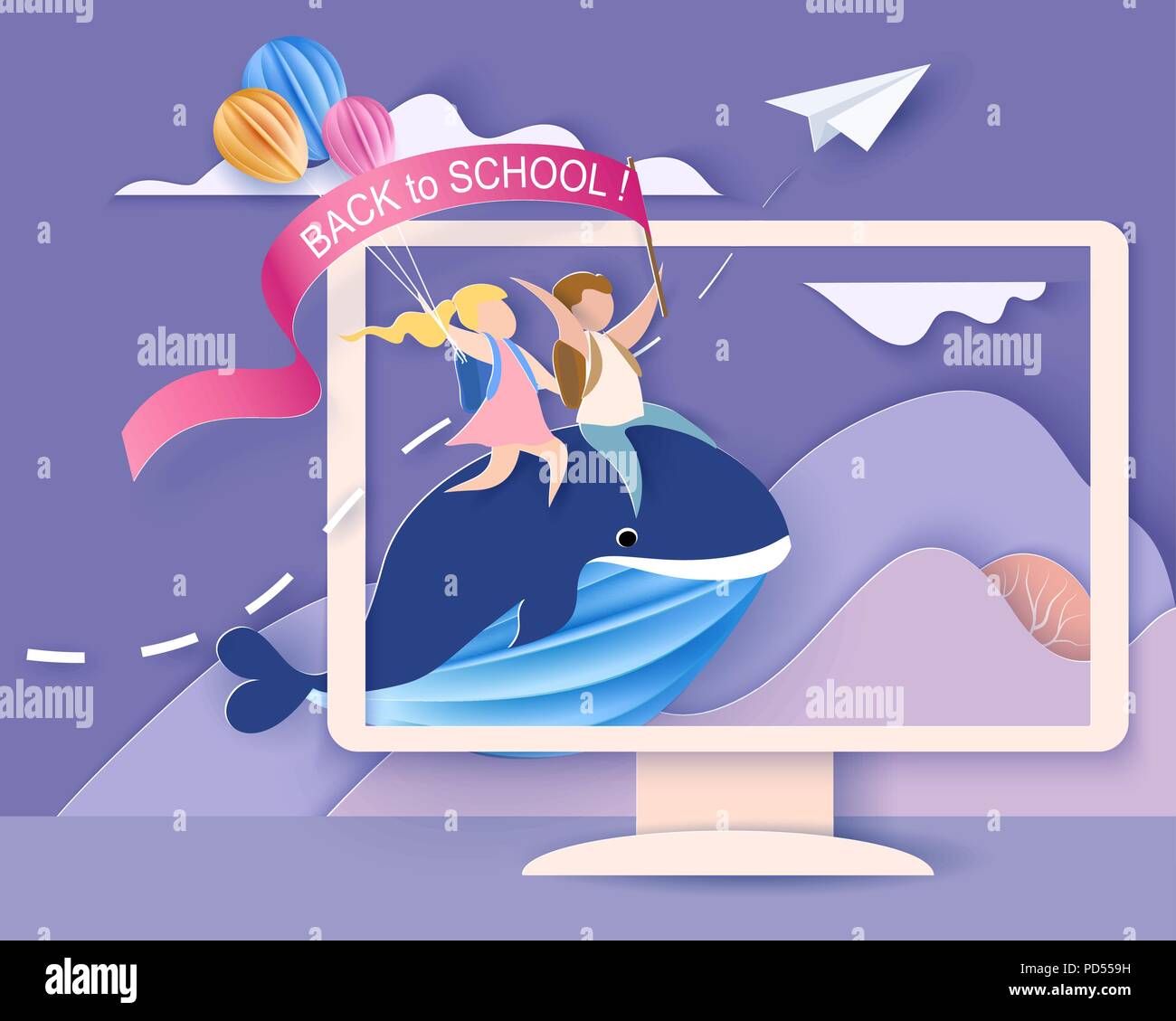 Zurück zu Schule 1. september Karte. Bildschirm mit Bergen und Kinder sitzen auf Wal. Papier schneiden Stil. Vector Illustration Stock Vektor