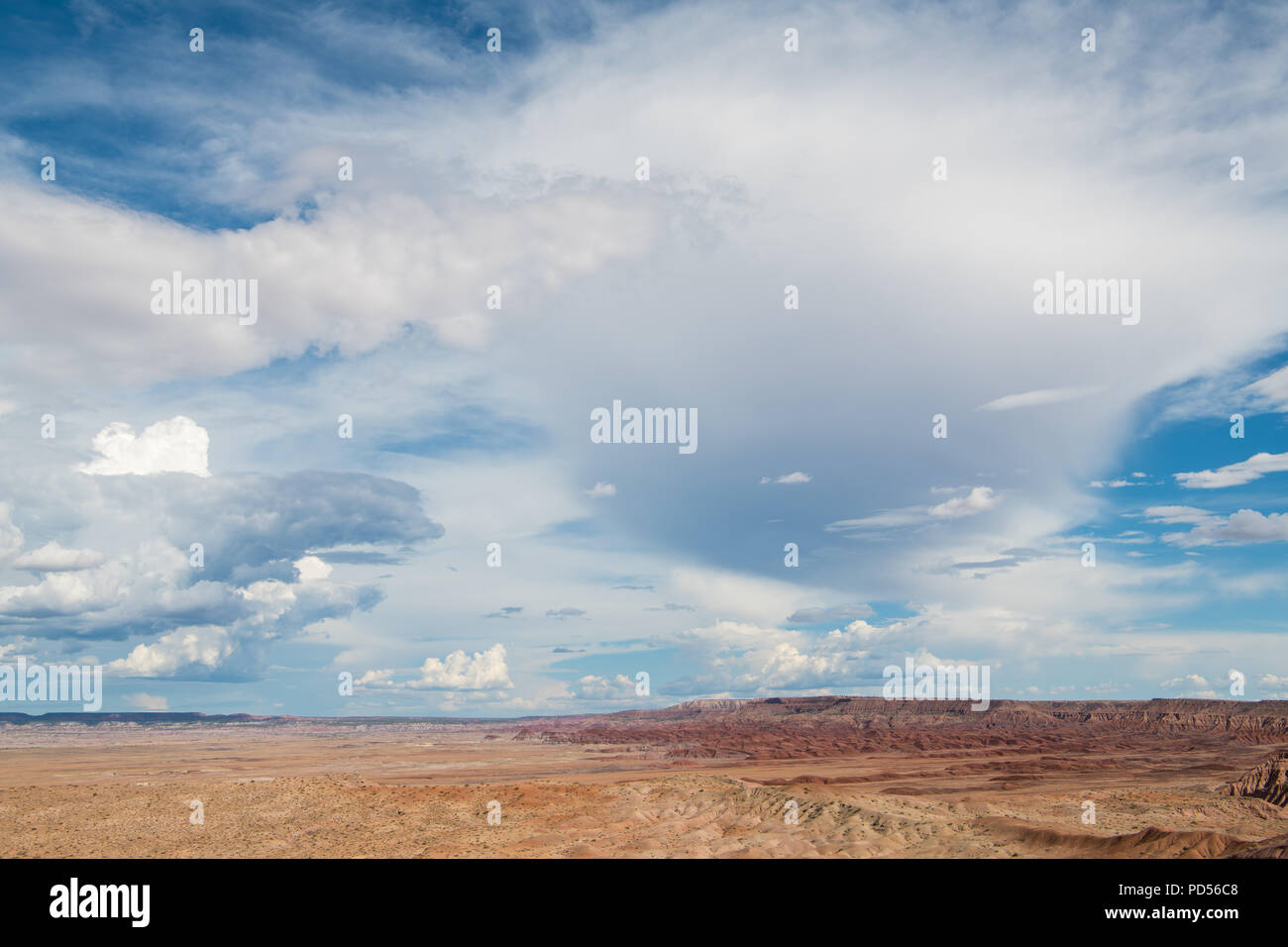 Blick auf riesige bunte Landschaft der Wüste und dramatische Wolken und Himmel im amerikanischen Südwesten im nordöstlichen Arizona Stockfoto