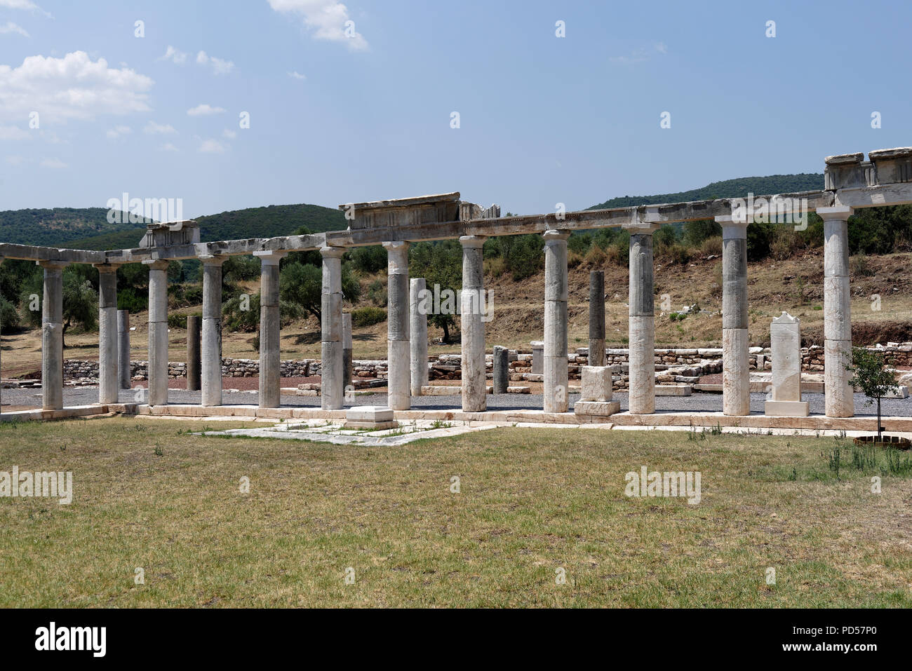 Blick auf die Kolonnade des Palaestra (Wrestling hall) Komplexe, die aus dem 3. Jahrhundert v. Chr. bis zum 4. Jahrhundert n. Antiken Messene. Peloponne Stockfoto