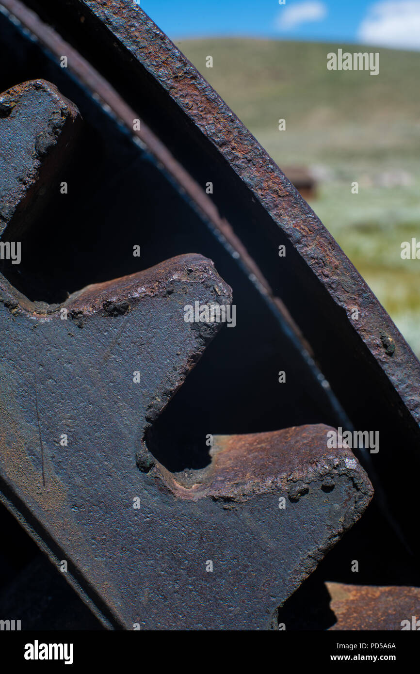 Nahaufnahme der Vintage industrielle verrostet, Zahnräder in der Geisterstadt Bodie, Kalifornien Stockfoto
