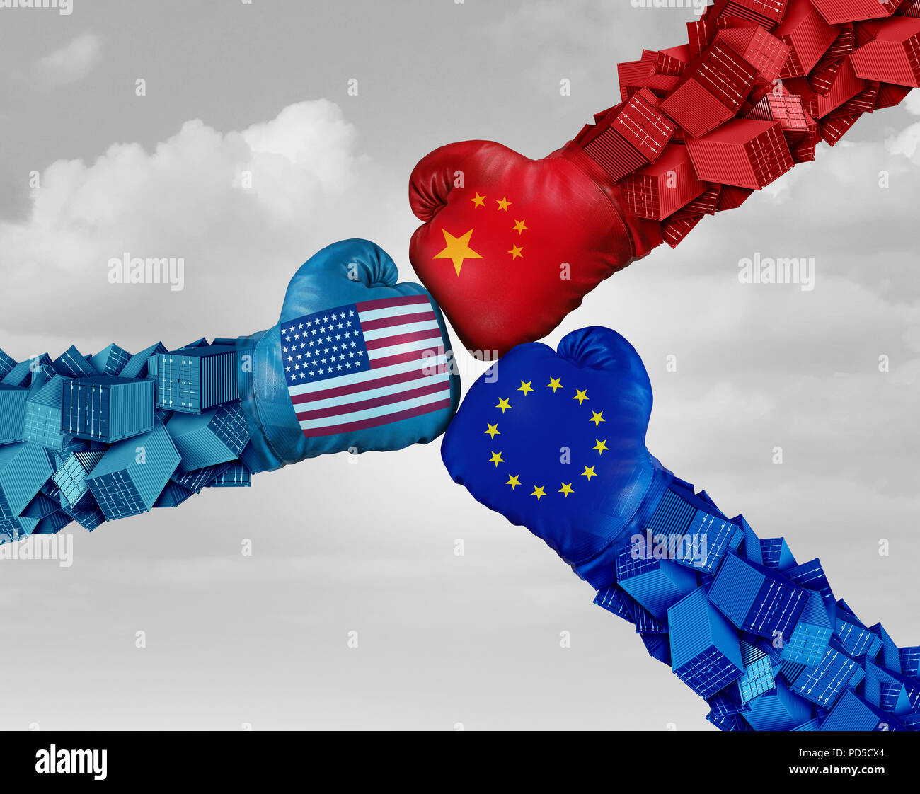 Europäische China und American Trade Kampf und Krieg als Chinesische Europa USA wirtschaftliche Problem als Cargo Container in Konflikt. Stockfoto