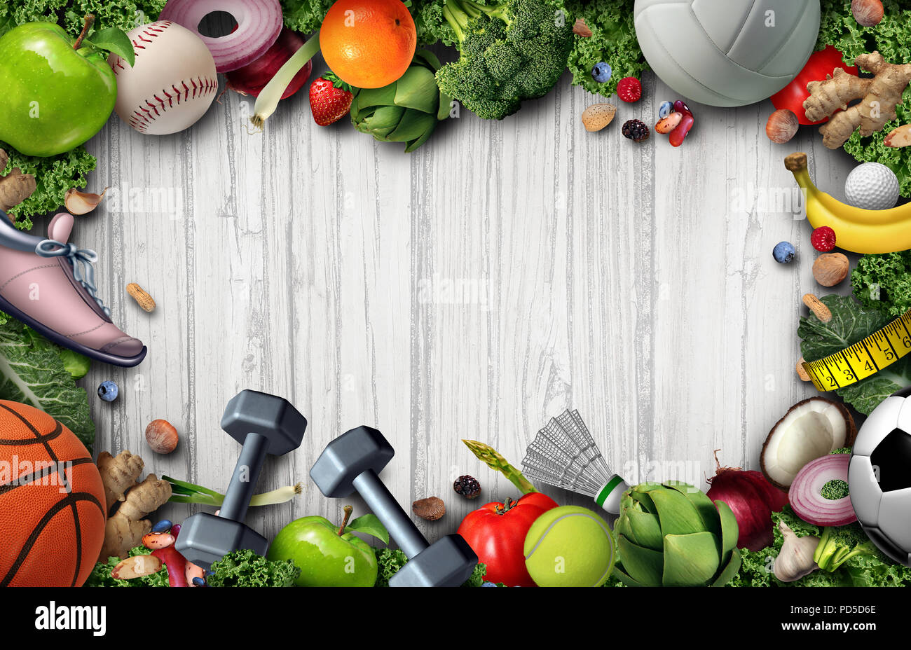 Lifestyle Holz- Hintergrund mit Text Bereich als Fitness Concept mit 3D-Render Elemente. Stockfoto