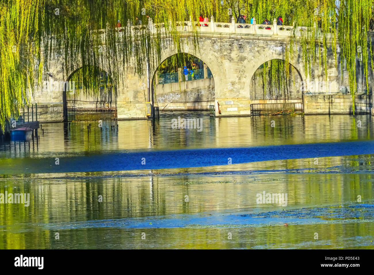 Brücke grüne Weiden Jade Blumeninsel Beijing China Beihai Park erstellt 1000 AD. Stockfoto