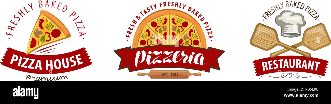 Pizza, Pizzeria Logo oder Label. Etiketten für Menu design Restaurant oder Cafe. Vector Illustration auf weißem Hintergrund Stock Vektor