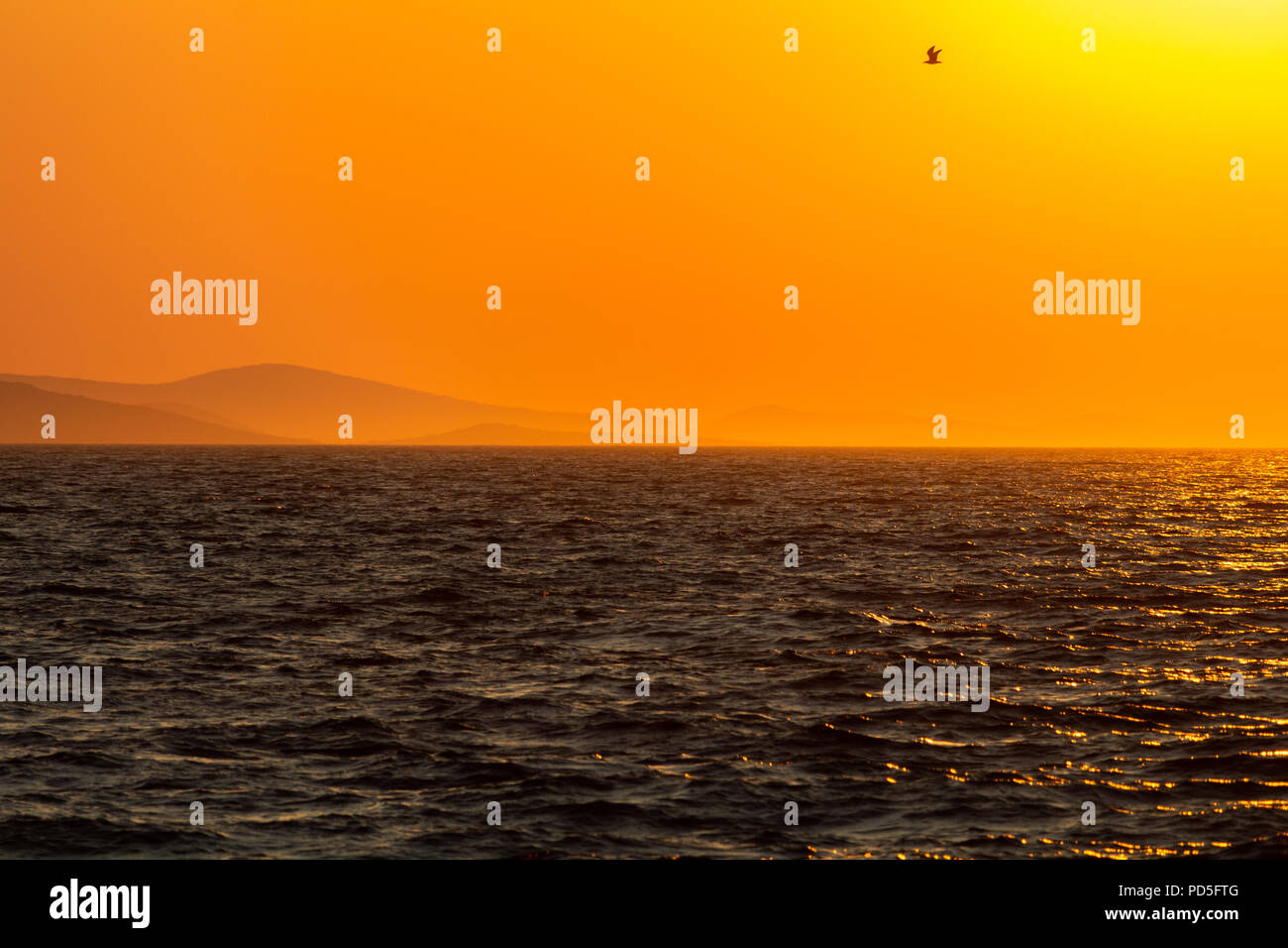 Zadar, Kroatien - 24. Juli 2018: Sonnenuntergang über der dalmatinischen Insel Ugljan von Zadar aus gesehen Stockfoto