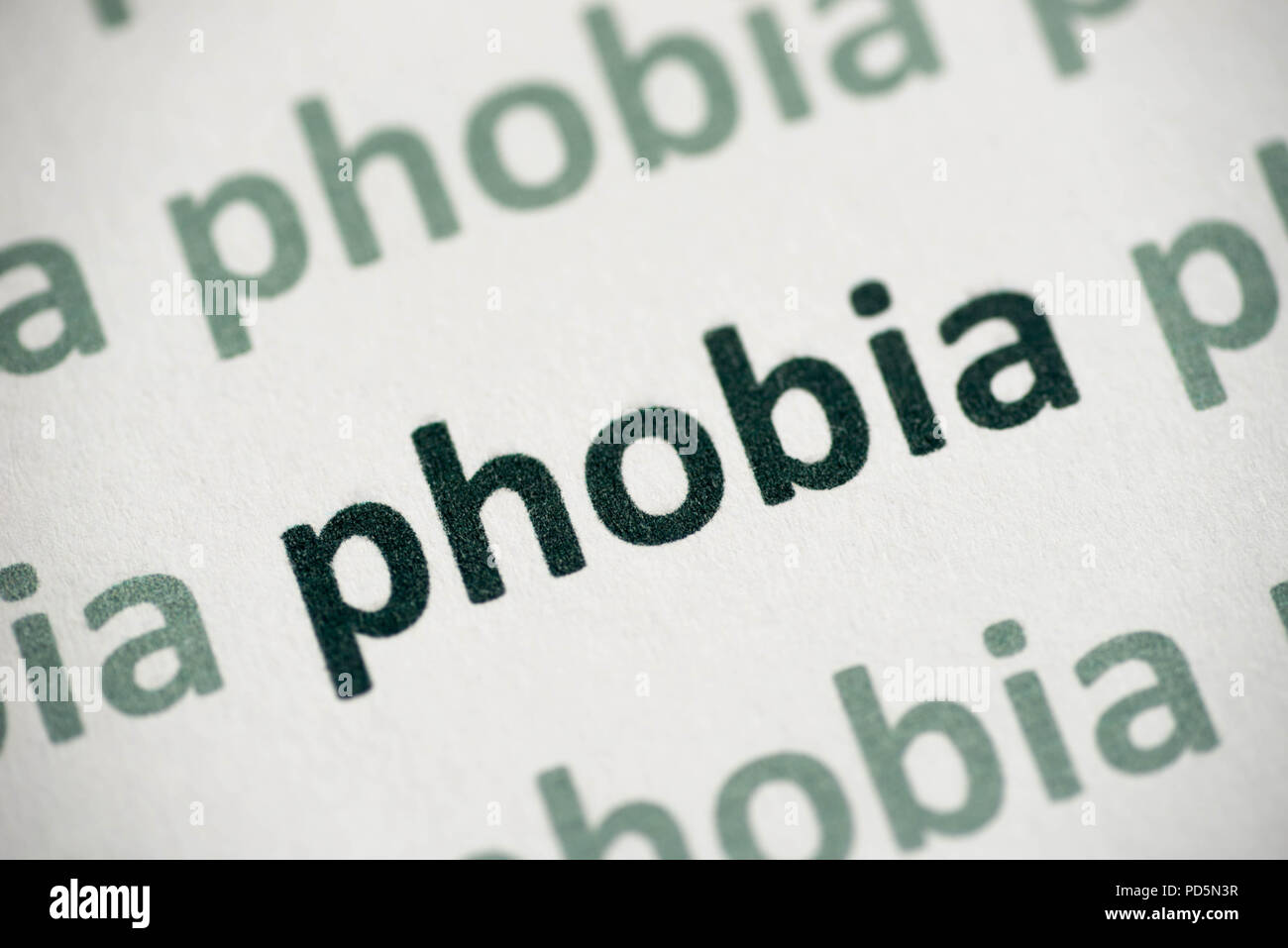 Wort Phobie auf weißem Papier Makro gedruckt Stockfoto
