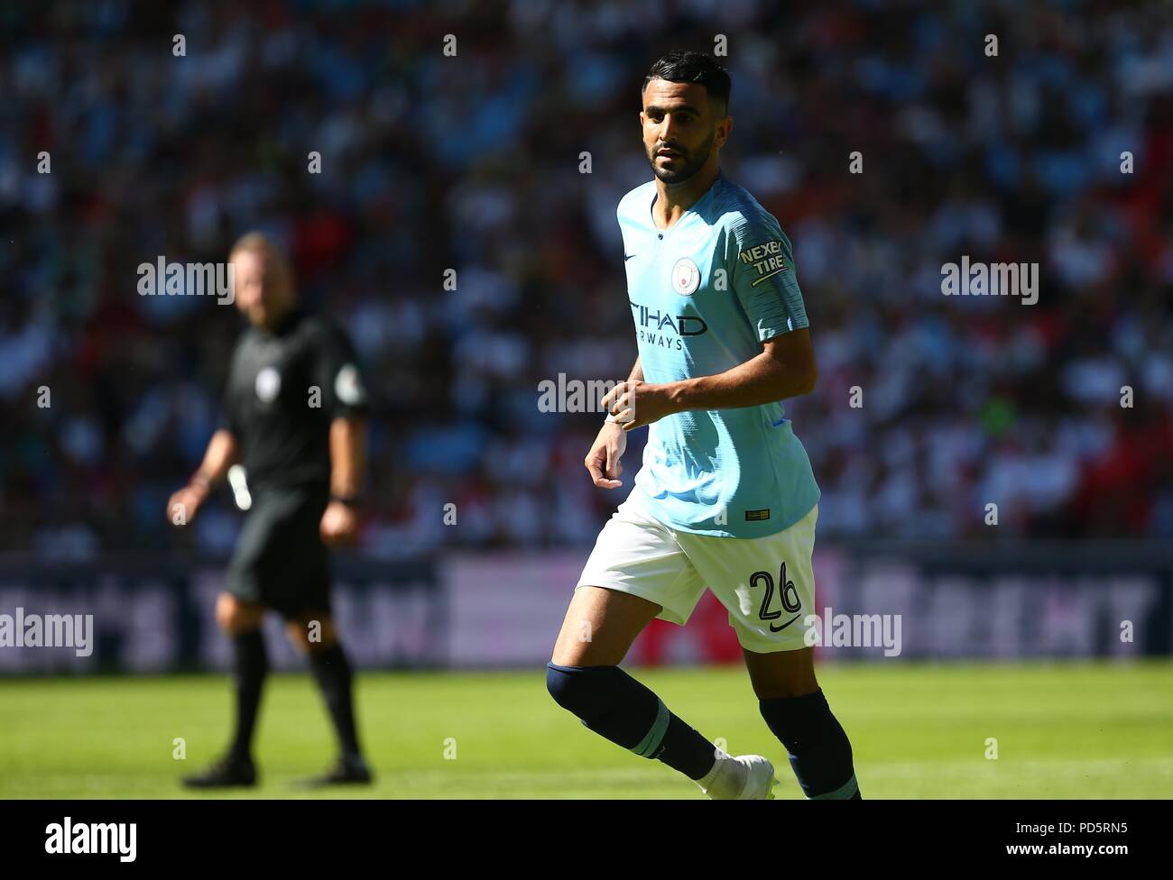 Riyad Mahrez von Manchester City während der FA Community Shield Match zwischen Chelsea und Manchester City im Wembley Stadion in London. 05 Aug 2018 Stockfoto