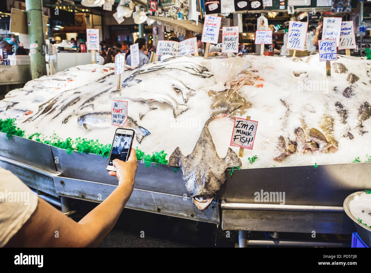 Seattle, Washington, USA - Juli 6, 2018: der Mensch ist die mobile Photo von einem Mönch Fisch lustig am Pike Place Market in Seattle, Washington, USA angezeigt Stockfoto