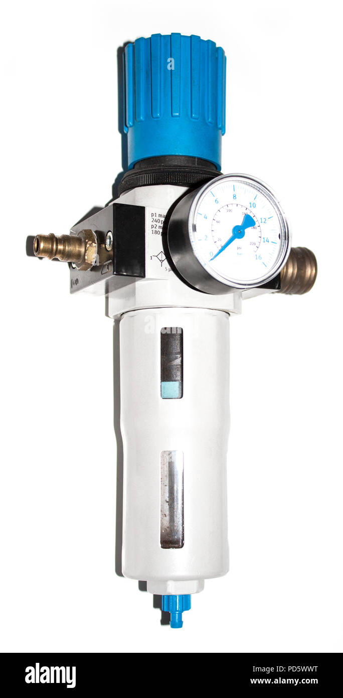 Isolierte Luftdruck Messgerät mit Bar und blaue Pfeile auf weißem Hintergrund Stockfoto