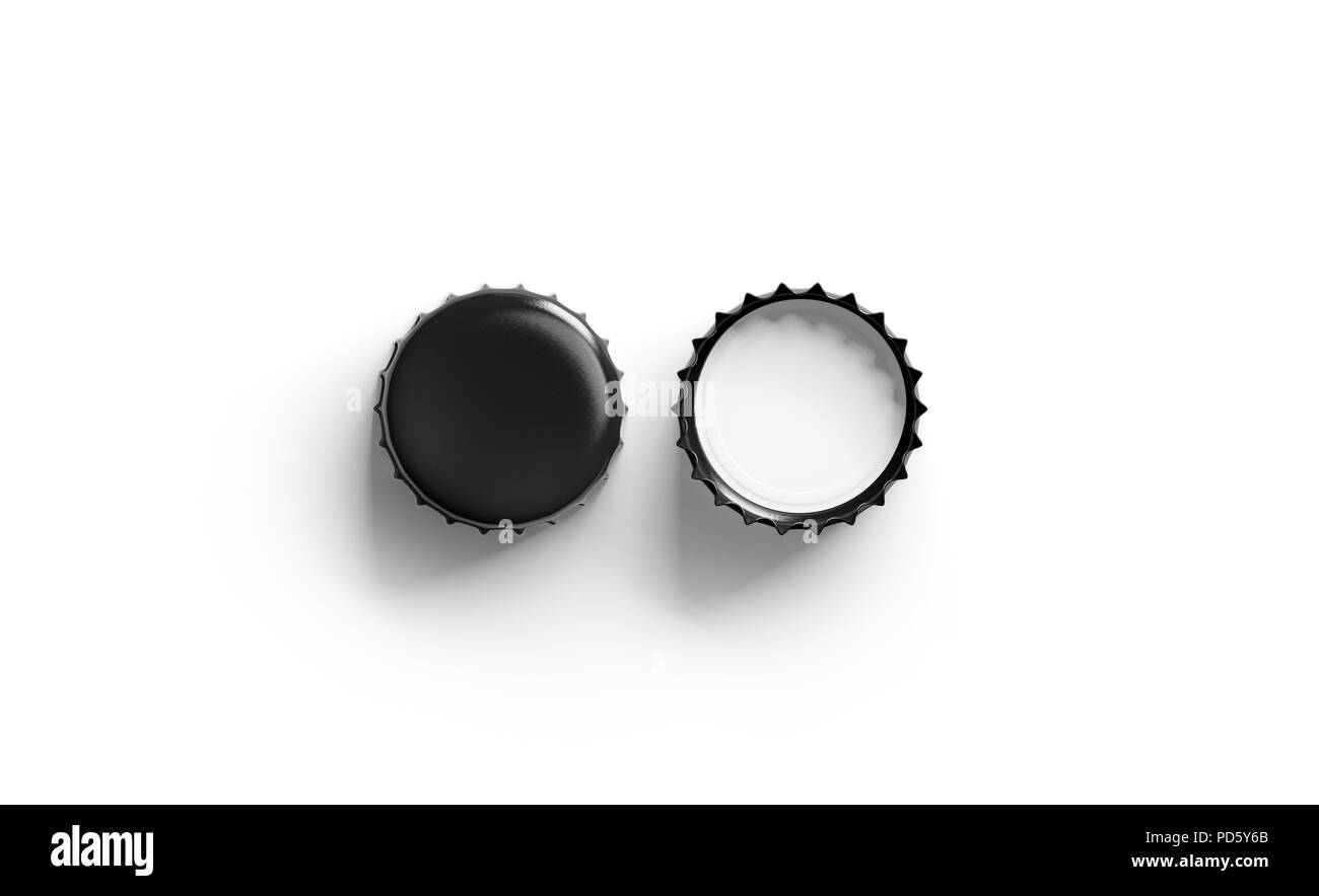 Leeren schwarzen Bier Deckel Mockup, Ansicht von oben, Vorder- und Rückseite, 3D-Rendering. Leer metall Soda cap Mock up Design vorlage. Klar Flaschenabdeckung isoliert. Stockfoto