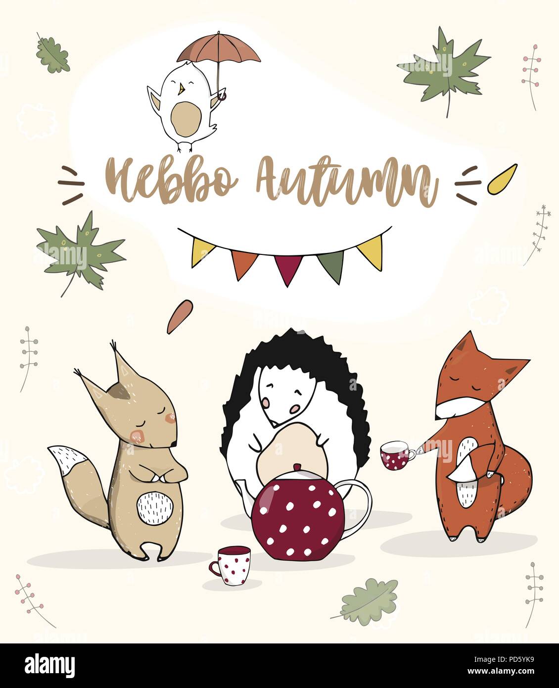 Red fox Sparrow Hedgehog Charakter clip art vector Wald Tier herbst Karte voll Ribbon cute Wildlife text Katze Hund Karte Feier Geburtstag Farbe Textur weiß Hintergrund Stock Vektor