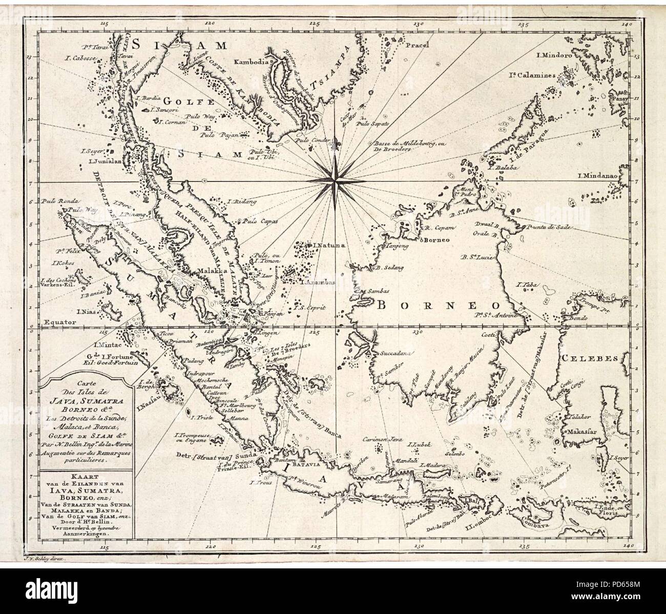Karte von Sumatra, Java, Borneo und Malaysia. Stockfoto