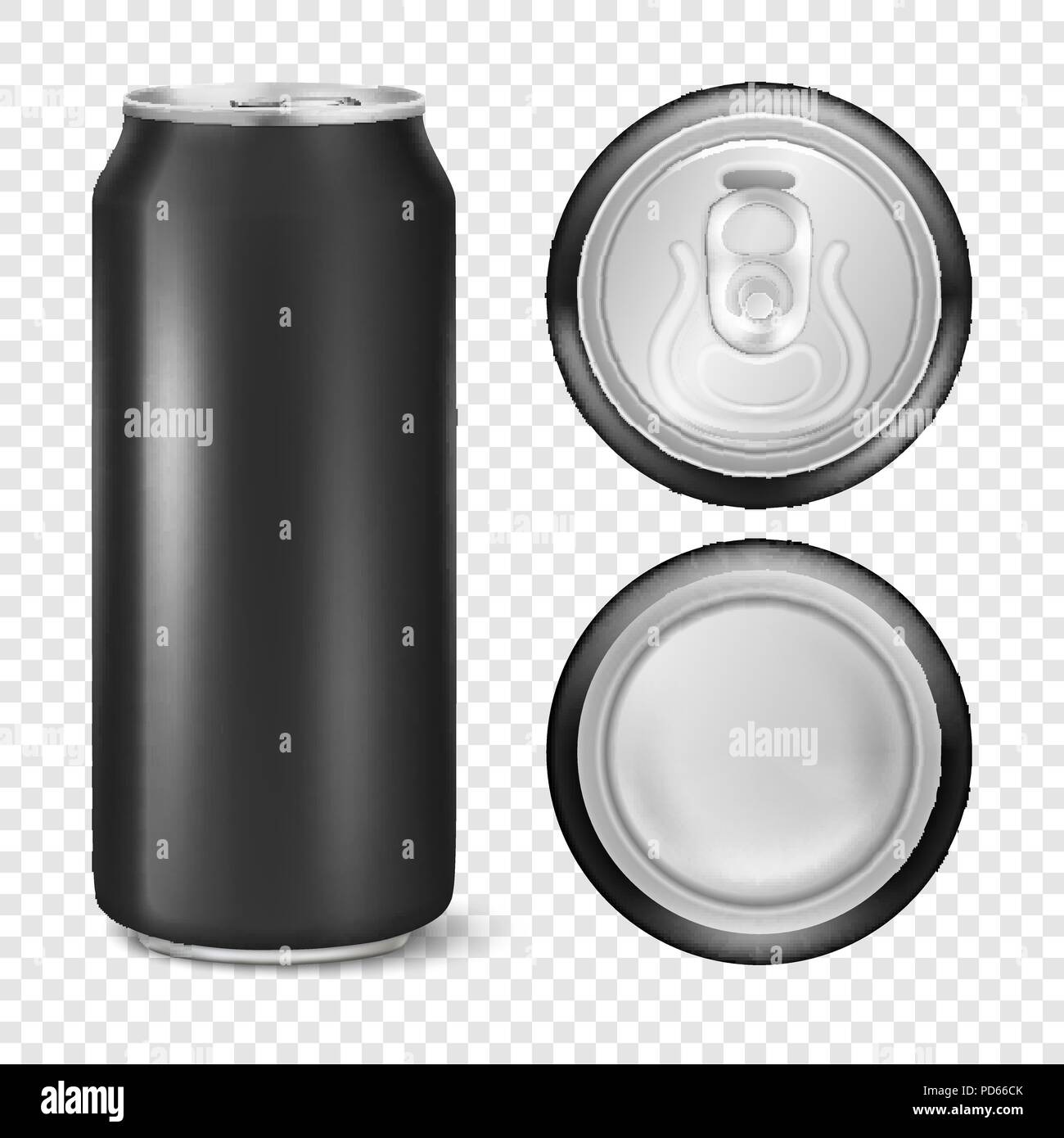 Vektor realistische 3d leer glänzende Metall Aluminium schwarz Bier Pack oder können Visual 500 ml. Kann für Bier, Alkohol, Soft drink, Soda, fizzy Pop, Limonade, Cola, Energy Drinks, Säfte, Wasser usw. Symbol closeup auf Transparenz grid Hintergrund gesetzt. Design Vorlage der Verpackung Mockup für Grafiken. Vorne, Oben und Unten Stock Vektor