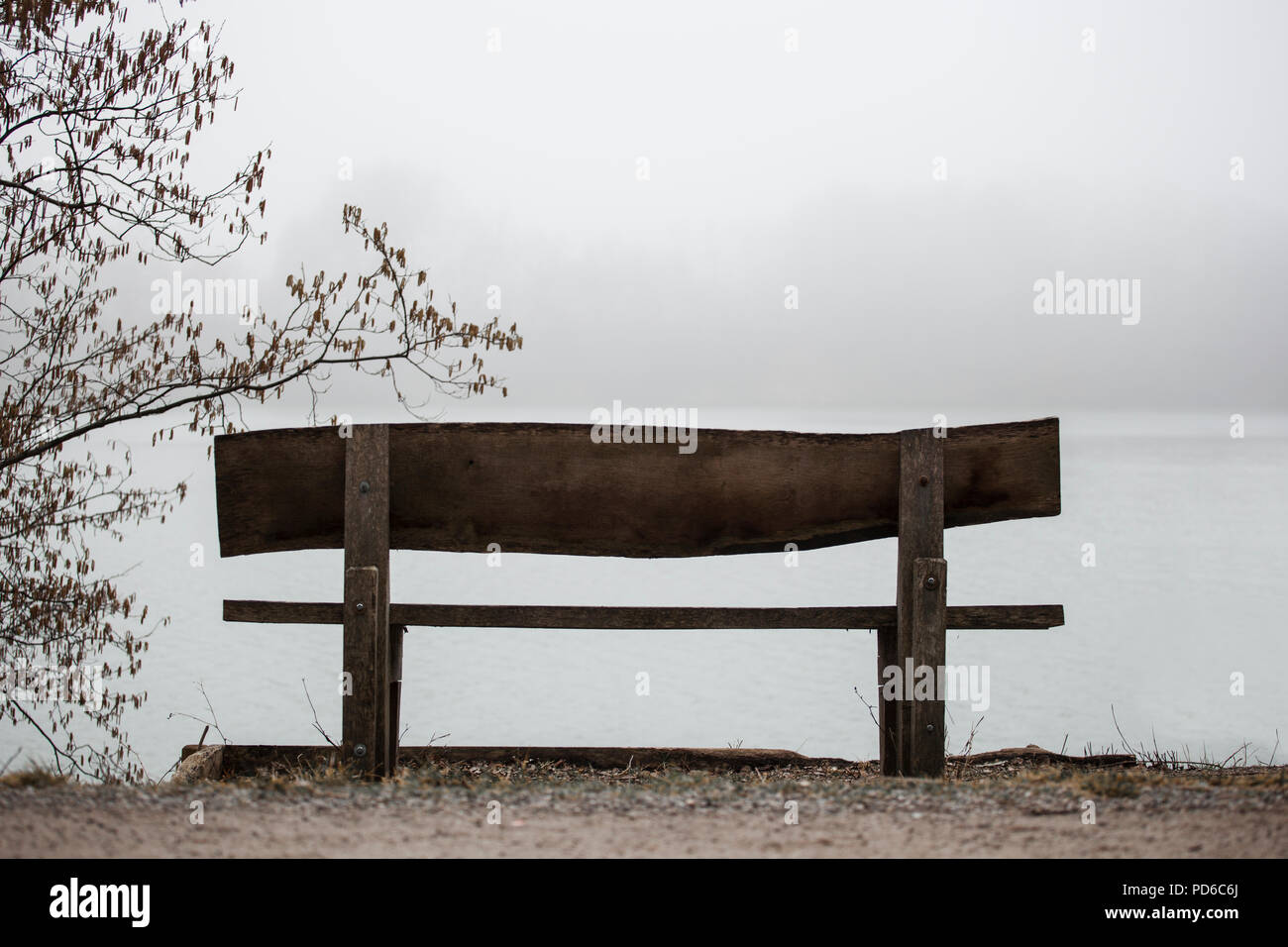 Leeren Bank am Rande eines Sees im Herbst Symbol für serenety Stück Ruhe und Meditation foggy nebligen Tag über dem Wasser Stockfoto