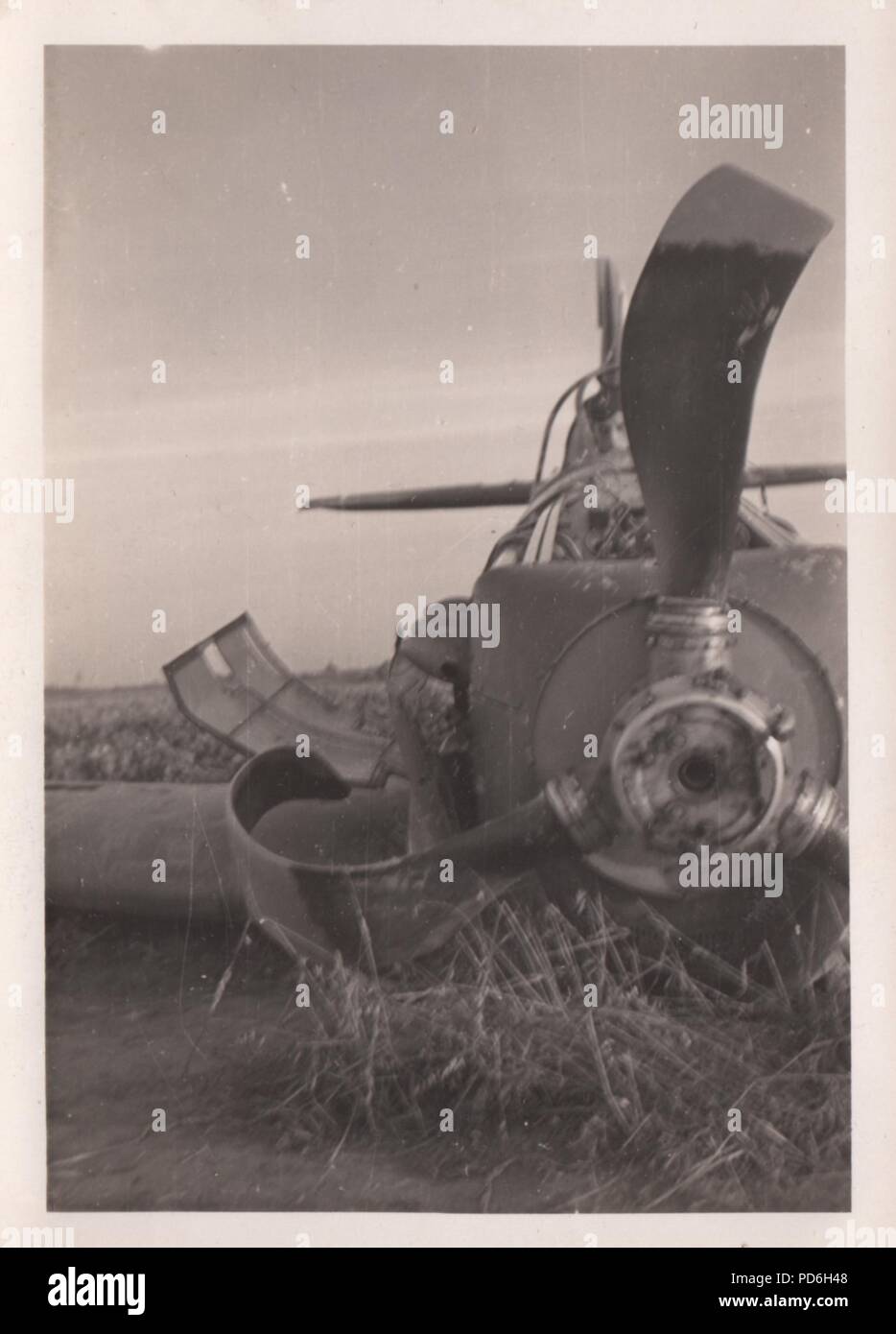 Bild aus dem Fotoalbum von Oberleutnant Oscar Müller von kampfgeschwader 1: einen Flieger der 5./KG 1 im Cockpit eines abgestürzten Französischen Morane Kämpfer im Sommer 1940 sitzt. Stockfoto