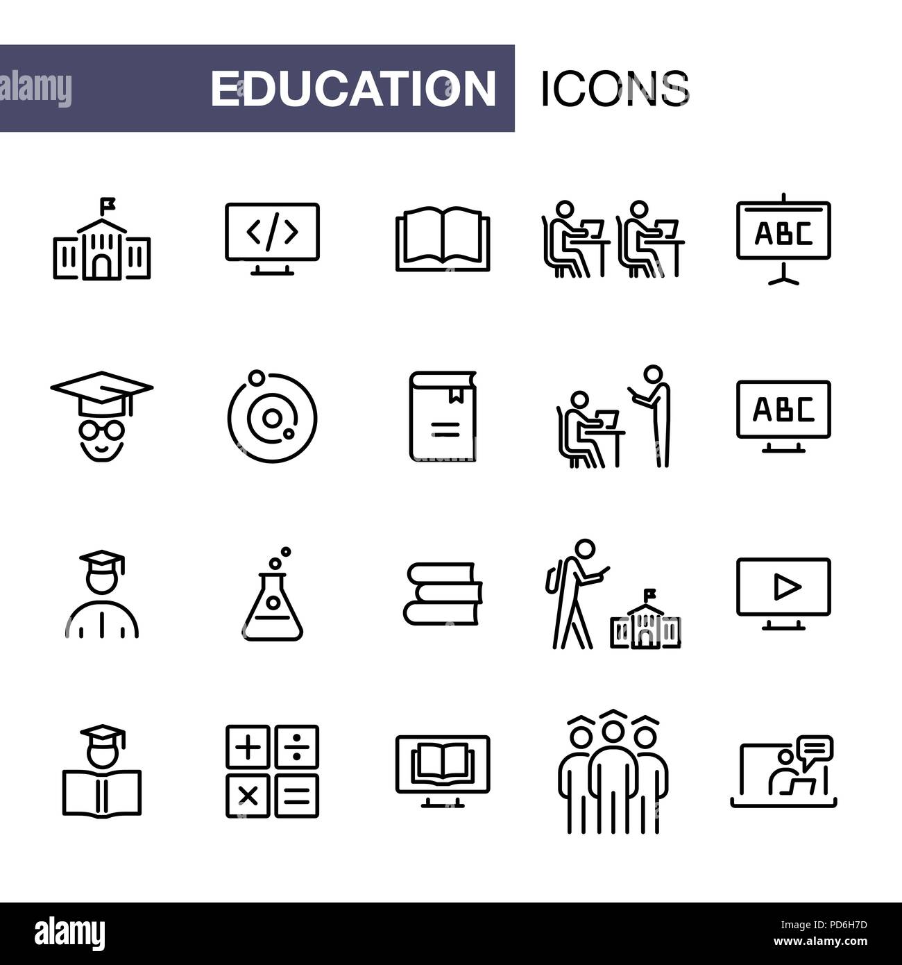 Bildung Icons Set einfache Flat Style outline Abbildung. Stock Vektor