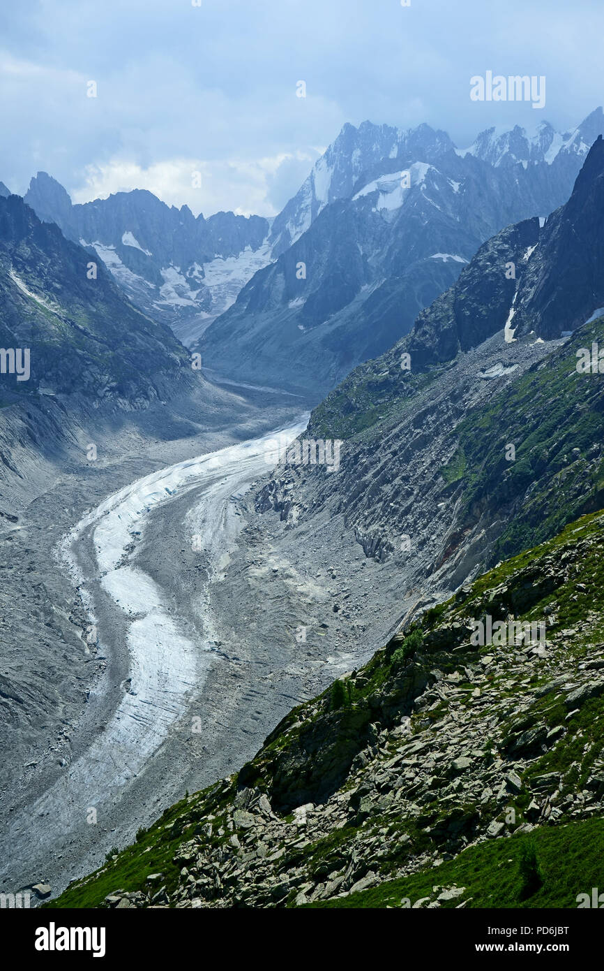 La Mer de Glace, Zurückfliehend Gletscher, Mont Blanc Massiv, die Französischen Alpen, Frankreich Stockfoto