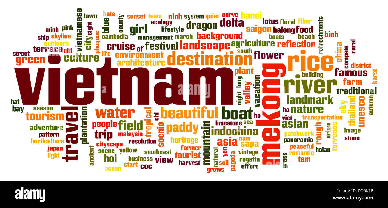 Vietnam Wort cloud. Kreative Darstellung der Idee, Wort, Schrift und Typografie. 3D-Rendering. Stockfoto