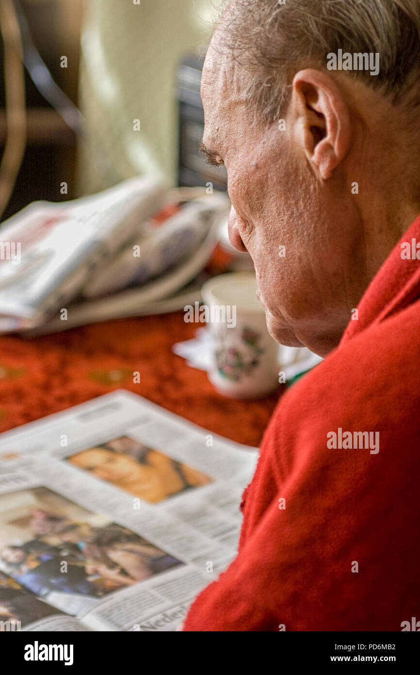 84Jährige malereading Zeitung Stockfoto