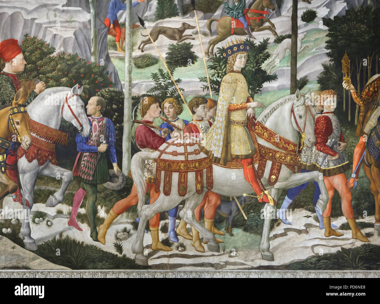 Lorenzo de' Medici auch als Lorenzo dem Prächtigen Pferd dargestellt, als Caspar der Magus in der Wandmalerei von der italienischen Renaissance Maler Benozzo Gozzoli in die Heiligen Drei Könige Kapelle im Palazzo Medici Riccardi in Florenz, Toskana, Italien. Stockfoto