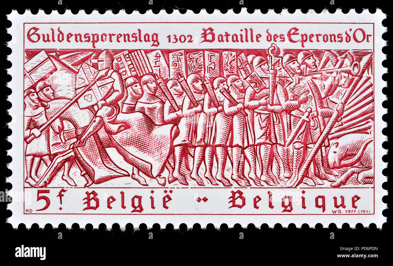 Belgische Briefmarke (1977): Schlacht von Kortrijk/La Bataille des éperons d'Or/Schlacht der Goldenen Sporen/Guldensporenslag - 1302 Stockfoto