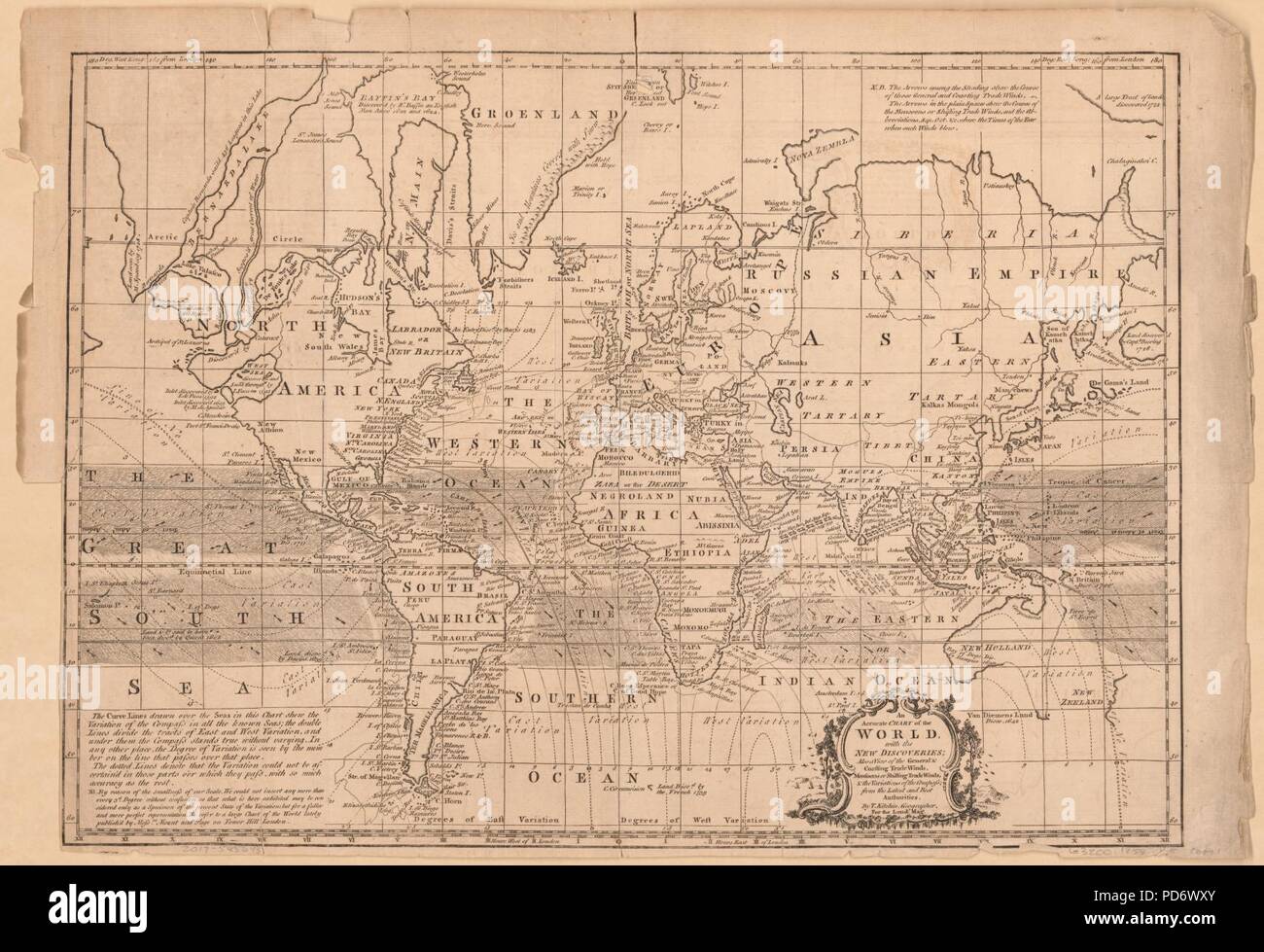 Eine genaue Karte der Welt mit der neuen Entdeckungen - auch ein Blick auf die Allgemeinen & austrudeln Trade Winds, Monsun oder der Verlagerung von Winde und die Variationen der Kompass aus der neuesten und besten Stockfoto